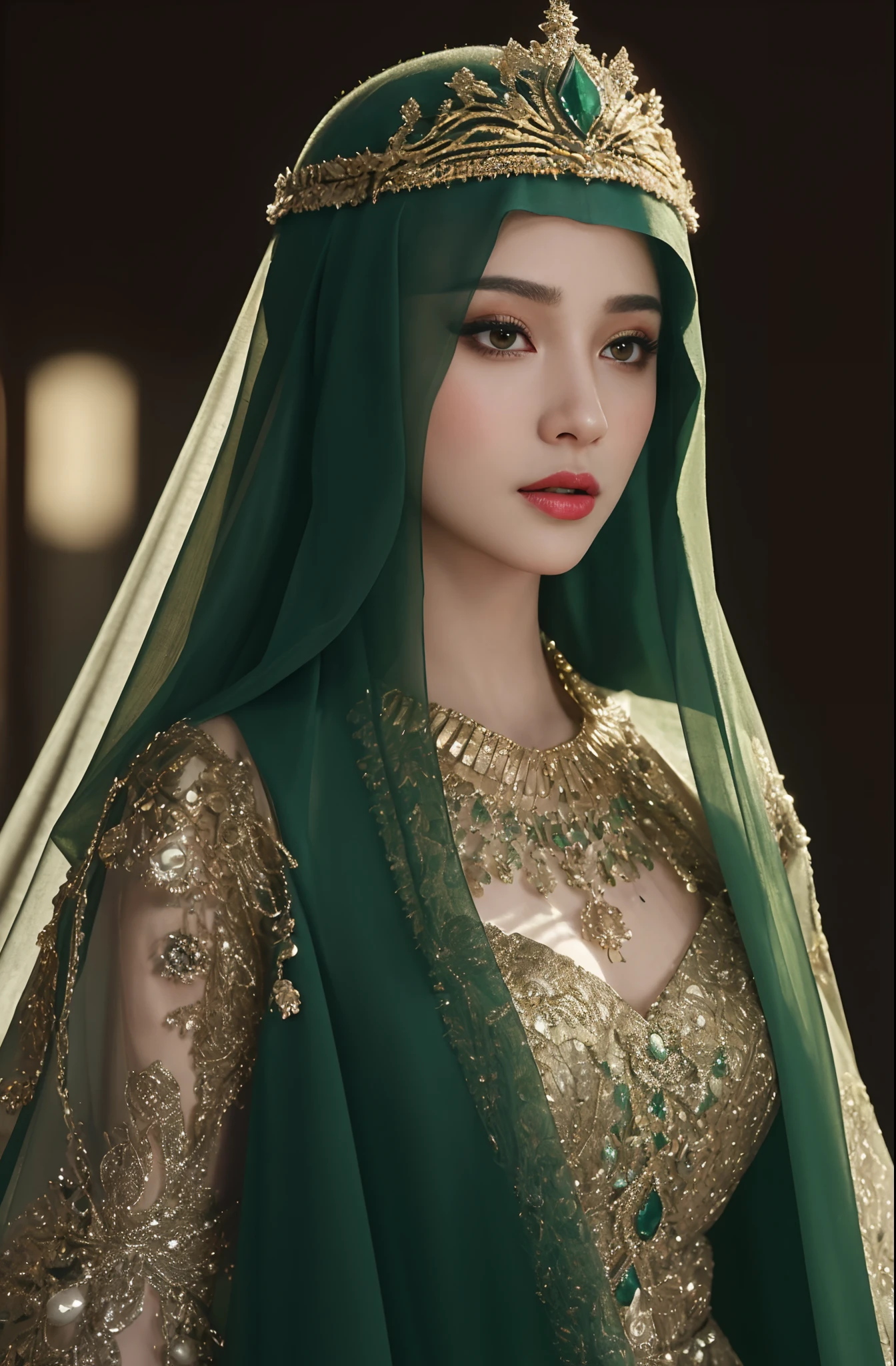a close up of a woman wearing a green veil and a gold head piece, stunning digital illustration, 4k highly detailed digital art, beautiful digital artwork, arabian beauty, beautiful digital illustration, 8k stunning artwork, 8k high quality detailed art, intricate wlop, detailed beauty portrait, arabian princess, detailed beautiful portrait, beautiful art uhd 4 k