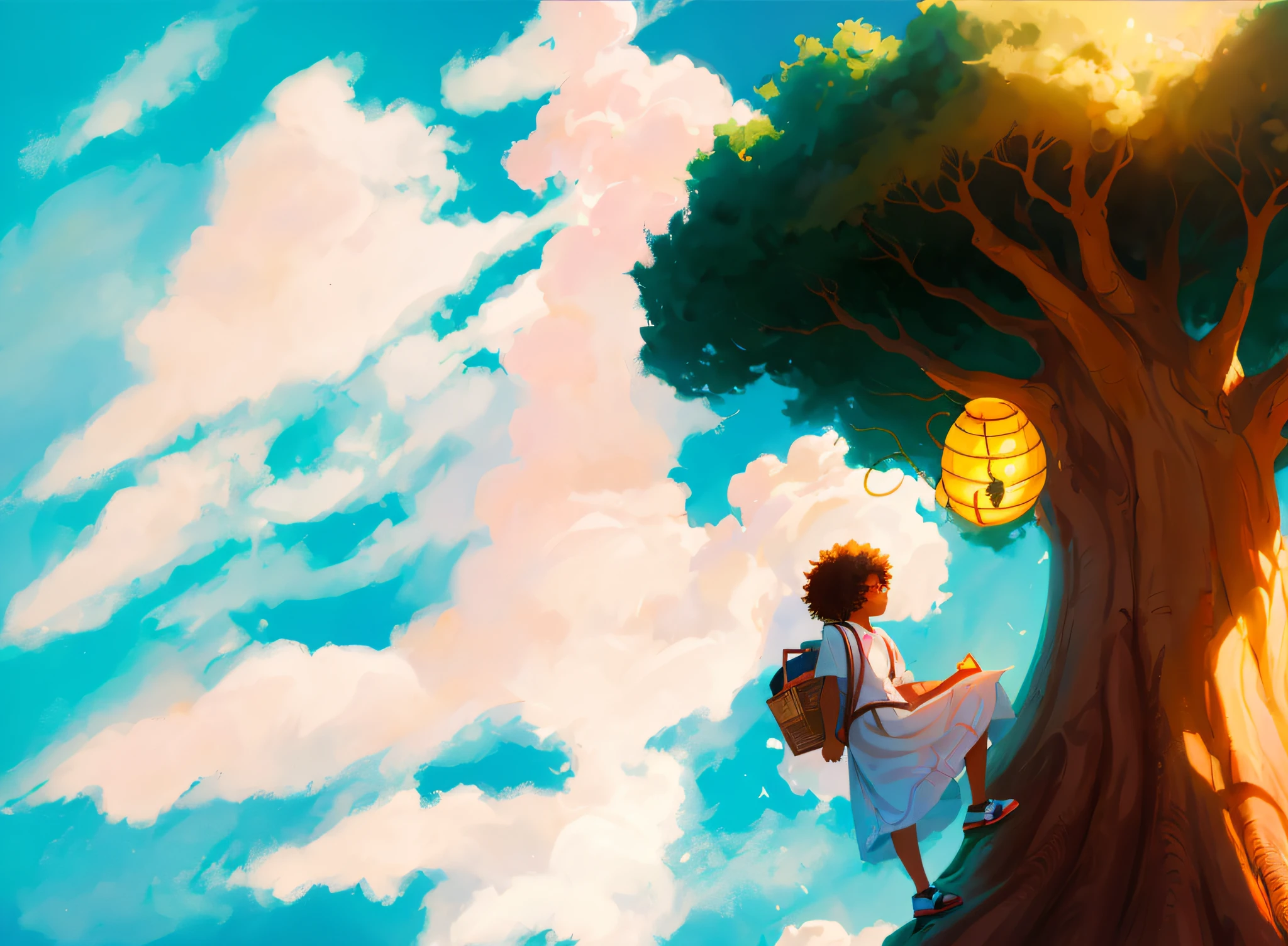 there is a preteen boy with small afro that is standing on a tree with beehive on tree branch, bees buzzing around the beehive, inspired by Cyril Rolando, makoto shinkai cyril rolando, cyril rolando and goro fujita, in style of cyril rolando, by Cyril Rolando, dreamy illustration, a beautiful artwork illustration, children book illustration, children's book illustration, children’s book illustration, kids book illustration