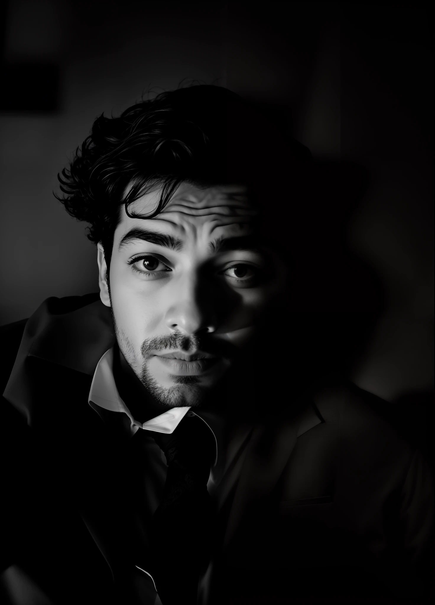arafed man with a tie and a shirt looking up, black and white picture, candid!! dark background, shot with iphone 1 0, handsome face, potrait, dark portrait, medium shot portrait, dark photo, in black and white, black and white photo, low-key, a black and white photo, b&w photo, !! low contrast!!