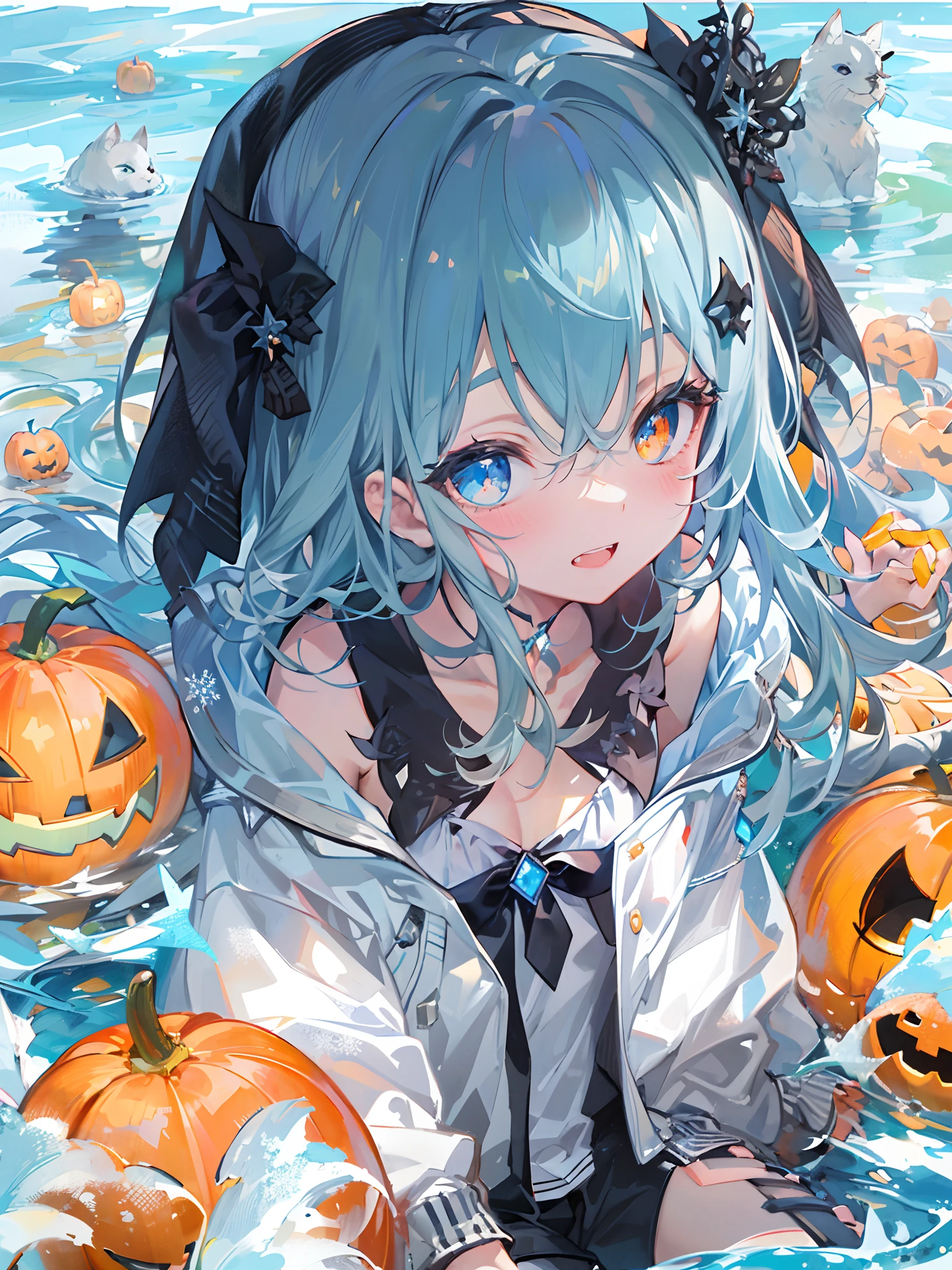 ((top-quality)), ((​masterpiece)), ((ultra-detailliert)), (Extremely delicate and beautiful), girl with, 独奏, cold attitude,((Black jacket)),She is very(relax)with  the(Settled down)Looks,A dark-haired, depth of fields,Evil smile,Bubble, under the water, Air bubble,bright light blue eyes,inner color with bright gray hair and light blue tips,,,,,,,,,,,,,,,,,,Cold background,Bob Hair - Linear Art, shortpants、knee high socks、White uniform like school uniform、Light blue ribbon ties、Clothes are sheer、Hands in pockets、Bright eyes like sapphire,Fronllesse Blue, A small blue light was floating、Upper Eyes、glass shards、Snowflake Hair Ornament, Halloween, Orange pumpkin、Jack-o'-lantern、Orange and light blue odd eye, Vampire costume、canine teeth、