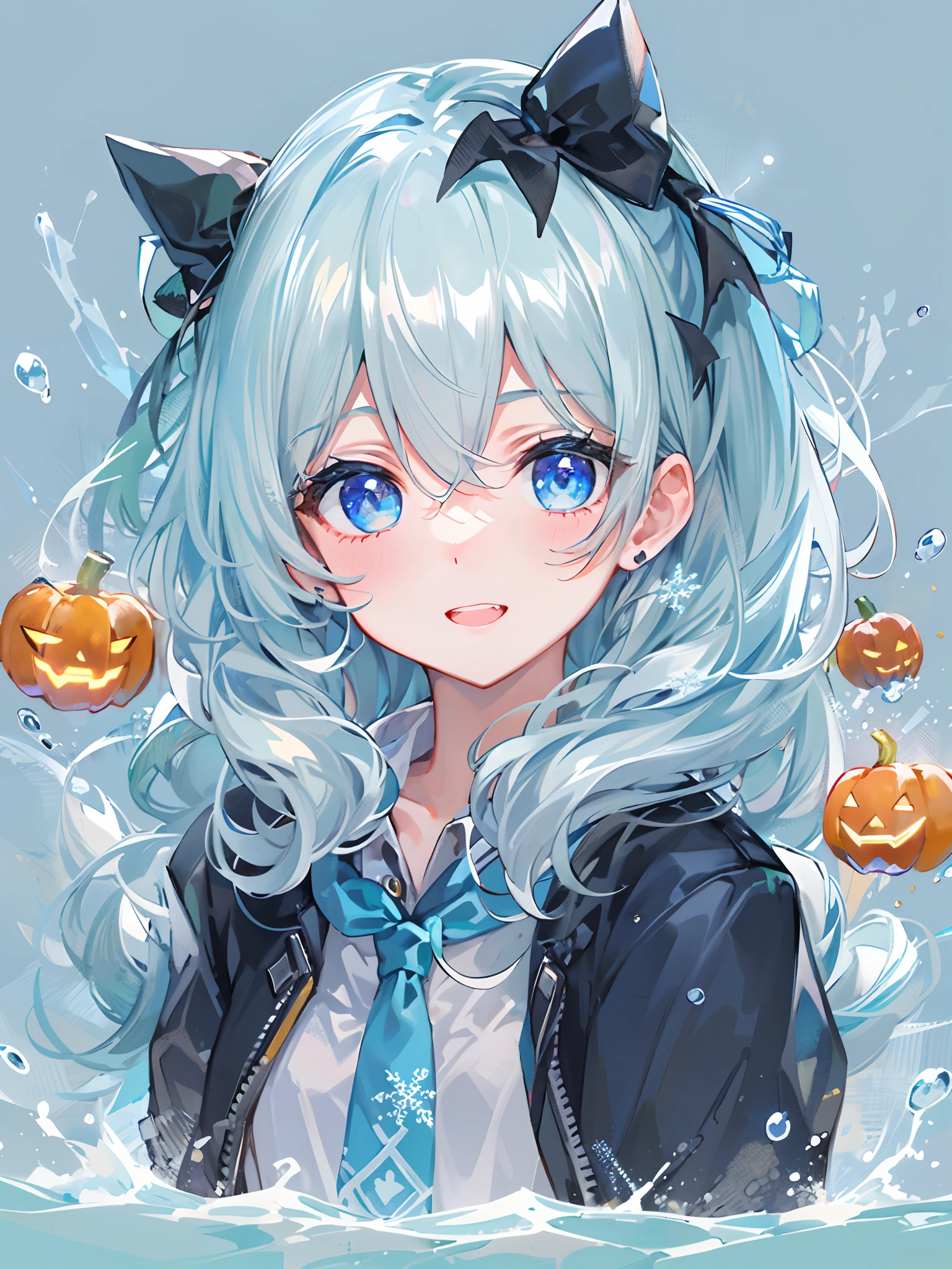 ((top-quality)), ((​masterpiece)), ((ultra-detailliert)), (Extremely delicate and beautiful), girl with, 独奏, cold attitude,((Black jacket)),She is very(relax)with  the(Settled down)Looks,A dark-haired, depth of fields,Evil smile,Bubble, under the water, Air bubble,bright light blue eyes,inner color with bright gray hair and light blue tips,,,,,,,,,,,,,,,,,,Cold background,Bob Hair - Linear Art, shortpants、knee high socks、White uniform like school uniform、Light blue ribbon ties、Clothes are sheer、Hands in pockets、Bright eyes like sapphire,Fronllesse Blue, A small blue light was floating、Upper Eyes、glass shards、Snowflake Hair Ornament, Halloween, Orange pumpkin、Jack-o'-lantern、Orange and light blue odd eye, Vampire costume、canine teeth、