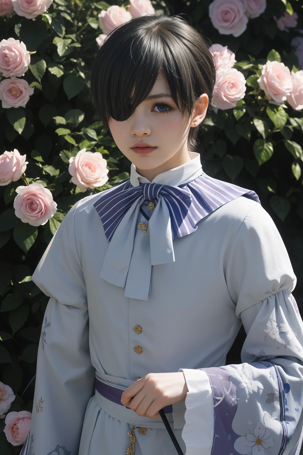 (Best Quality,4k,8k,highres,巨作:1.2),A highly detailed,(Realistic,Realistic Photos,Realistic Photos:1.37),portrait,anime,Phantomhive Sky,boy,,nudenudenudenude,dark hair,Intense look,pale skin,Royal Uniform,Classic Victorian style,Stylish clothes,Precision stitching,Feather has,Golden accents,deep blue eyes,Purple eye patch,Detailed lashes,exquisite facial features,serious expression,Confident position,Stand in majestic, Bright garden with flowers,Pruned hedges,Decorative stone statues,Elaborate fountain,Blooming roses,Soft natural light,Dramatic shades,Invisible lens glow,vibrant colours,Rich color scheme,Royal Purple,Royal Blue,Delicate pastel tones,Gentle sunlight flows through the leaves. A ten-year-oldy drd in ish clothes with short hair