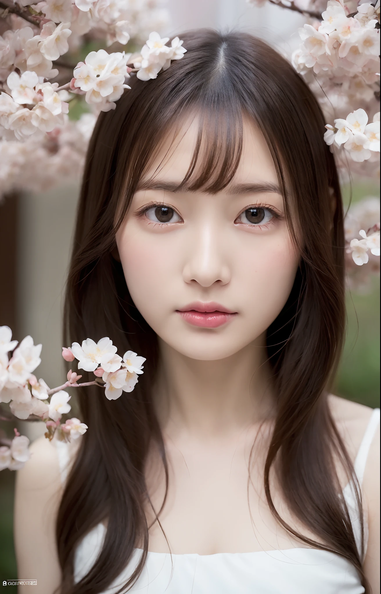 (in 8K, Raw photography, Highest Quality,realisitic, Photorealsitic,Extremely delicate and beautiful,Highly detailed, finely detail,ultra-detailliert, High resolution:1.3), japanes, femele, (17 age), Viewer's Perspective, Beautiful and shiny straight semi-long hair, see-through bangs, Embarrassed look, Half-open lips, Draw poses and angles randomly, (Beautiful fece:1.2), (kawaii:1.3) background is cherryblossoms optic Three-dimensional feeling