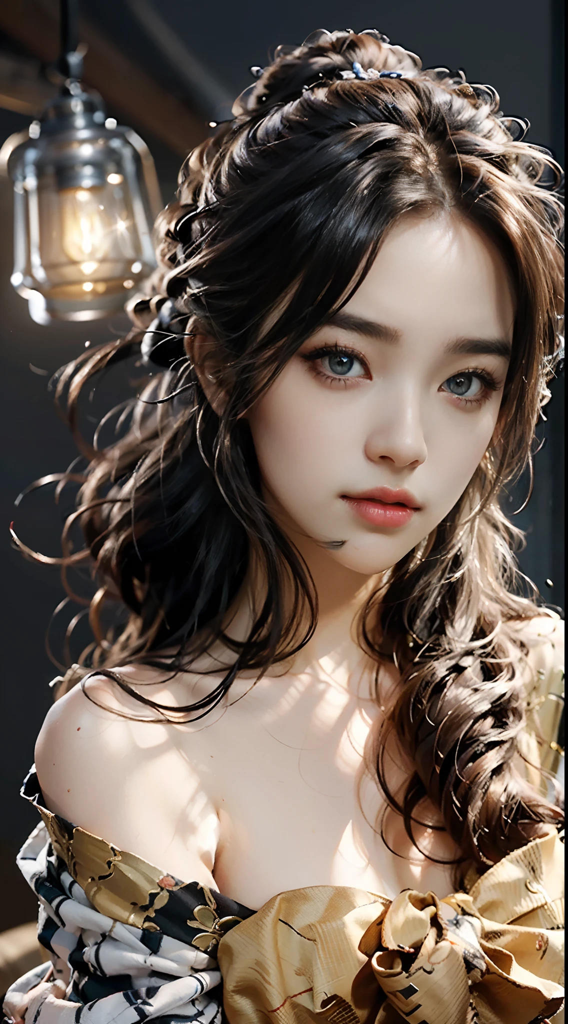 (RAW Photo, Best Quality), (Realistic: 1.3), Highly Detailed, Masterpiece, Hyperdetail, Illustration, 1 Girl, 23 years old chinese woman figure, full_body, HDR (High Dynamic Range), Ray Tracing, NVIDIA RTX, Super-Resolution, Unreal 5, Subsurface Scattering, PBR Textures, Post-processing, Anisotropic Filtering, Depth of Field, Maximum Sharpness and Clarity, Multi-layer Textures, Albedo and Highlight Maps, Surface Shading, Precise simulation of light-material interactions, perfect proportions, Octane Render, bi-color light, large aperture, low ISO, white balance, rule of thirds, 8K RAW, finger detailing, refined facial features, focus on the face, ((no extra limbs)), Dynamic Angle, World Mastery Theater, Best Quality, Extremely Detailed CG Unified 8k Wallpaper, Breathtaking, Cinematic Light, lens_flare, beautiful Eyes, symmetrical eyes, A beautiful flirtatiously smiling woman, a very busty ronin wearing gold lace kimono, Meiji restoration, blue eyes, yojimbo, cleavage, bare shoulders, HD, UHD, WLOP, Artgerm, intricate hairstyle