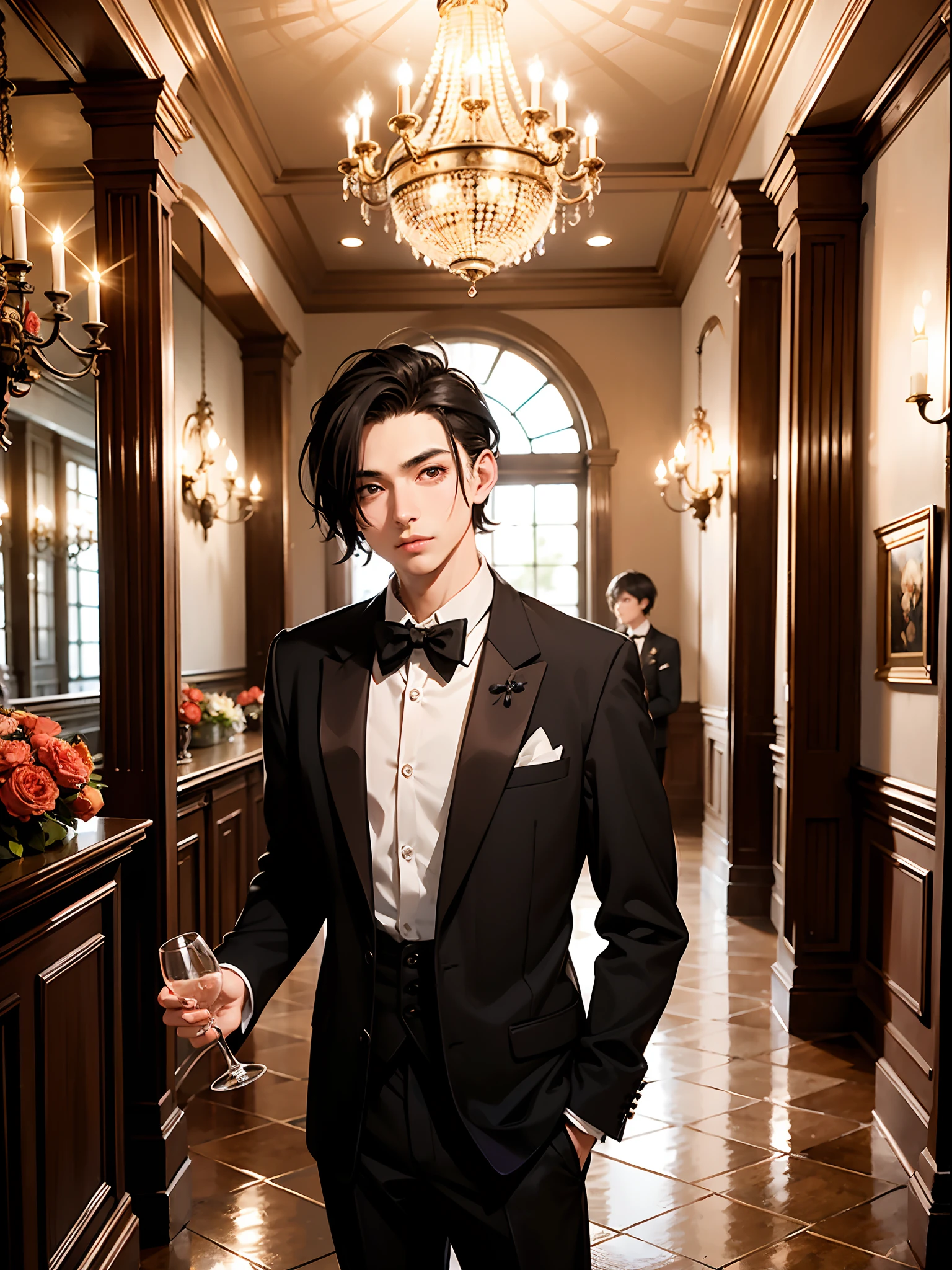 1boy,11 only、(Man's :2),(bobhair:1.5)、A dark-haired、Bright tuxedo、Have a wine glass、Inside a luxurious old Western-style building、Luxurious chandeliers、Natural lighting、hightquality、masutepiece,8K,hight resolution、