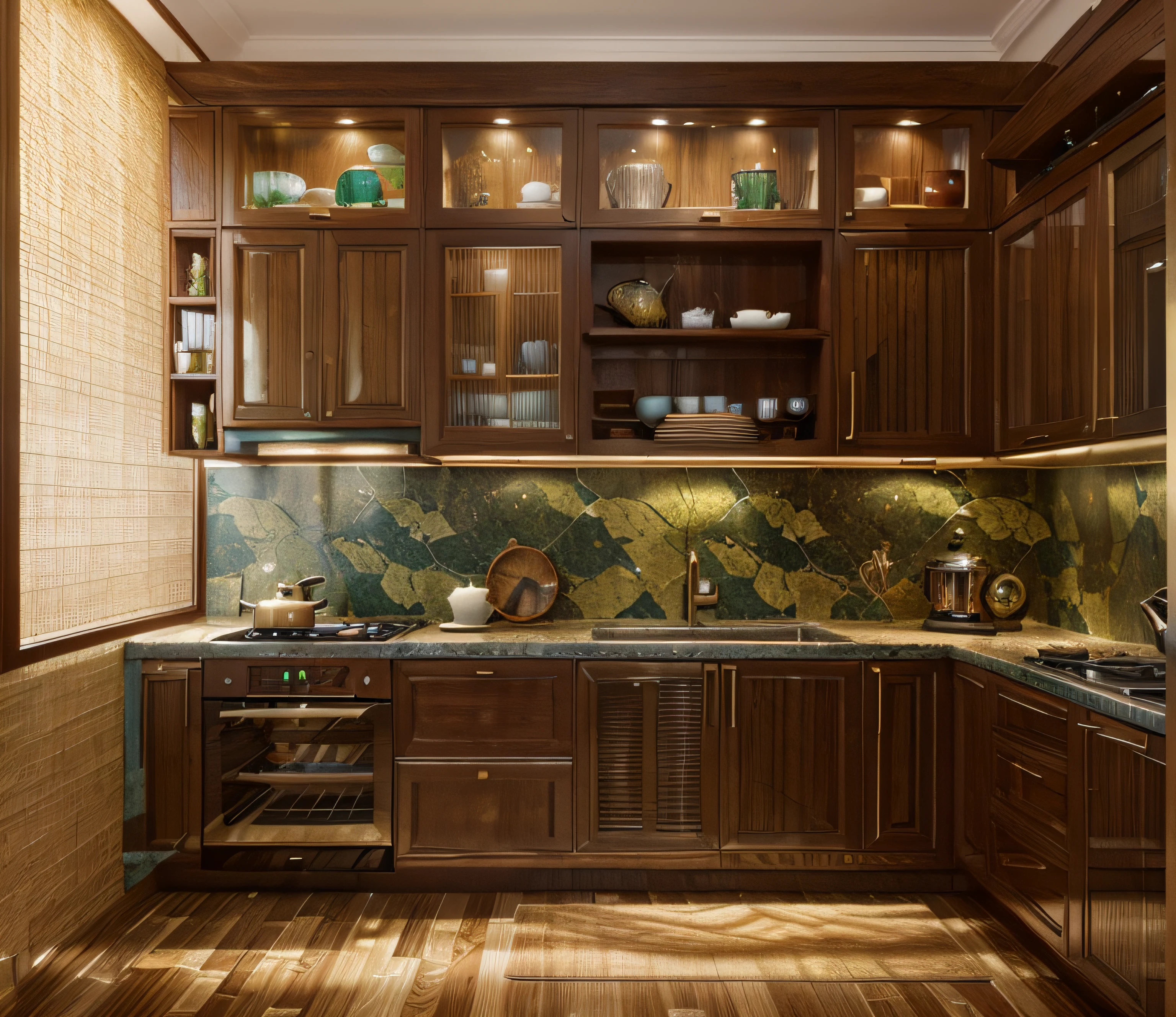 Earthy Foundations: An Indochine kitchen typically begins with earthy tones like warm beige or sandy terracotta for walls and flooring. These colors establish a connection to the region's natural landscapes.

Tropical Greens: The lush greenery of the region is often brought into the kitchen through potted plants, herbs, and even botanical wallpaper or backsplashes, creating a fresh and vibrant atmosphere.

Exotic Red Accents: Deep red elements, such as cabinetry or countertops, can add an exotic and rich touch to the space. Red symbolizes prosperity and good luck in many Southeast Asian cultures.

Soothing Blues: Soft blues, reminiscent of tropical waters, can be incorporated through cabinet hardware, dishware, or decorative accessories, providing a cooling contrast to the warm tones.

Golden Highlights: Incorporate gold or brass accents in lighting fixtures, drawer pulls, and faucet handles. These metallic elements bring a sense of luxury and sophistication to the kitchen.

Textured Wooden Surfaces: Wood is a prominent feature in Indochine kitchens. Cabinetry and shelving made of rich, dark woods like mahogany or teak, often with intricate carvings or detailing, add warmth and texture to the space.

Colorful Tiling: Consider using vibrant, patterned tiles for backsplashes or flooring. Geometric or mosaic patterns can introduce a diverse range of colors, including reds, blues, and greens.

Wicker and Rattan Accents: Furniture and decor items made from wicker or rattan, such as barstools or pendant lampshades, bring in natural textures and a tropical feel.

Traditional Art: Display Southeast Asian art, such as paintings or sculptures, with a diverse color palette. These art pieces can become focal points and celebrate the region's heritage.

Ceramic Tableware: Use colorful, hand-painted ceramic dishware and serving pieces to not only enhance the dining experience but also introduce a wide array of colors to the kitchen.

Glass Lanterns: Hang glass lanterns or pendant