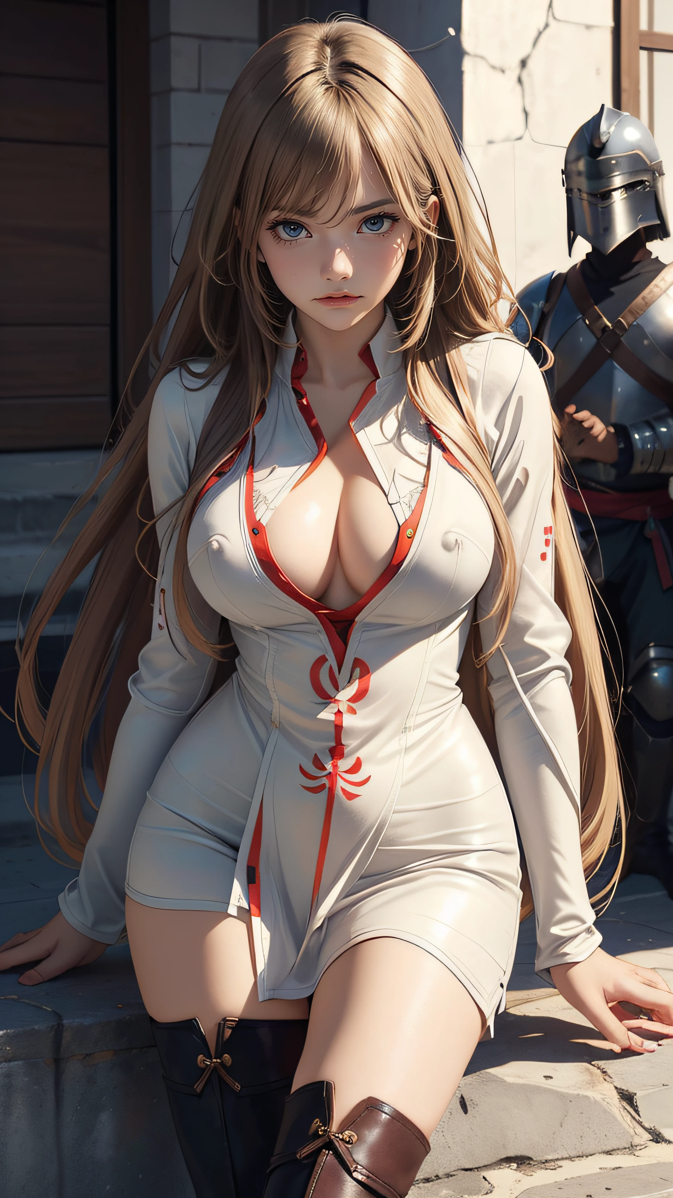 (fighting image:1.2),((1girl:1.5),curvy,petite,beautiful breasts,large breasts,pale skin,(pointy breasts),(erect nipples)),((realistic),8k,ultra hd,high resolution,best quality,masterpiece,(Sense of presence:1.5),(Dynamic:1.5),(bold:1.5)),((long hair),((thin hair:1.8)),(straight hair:1.5),(Swept bangs:1.5),(extra light coppery amber hair),(hair over one eye)),(clothed:1.5),(leather boots,(leather armor),(embroidered miko,see through))