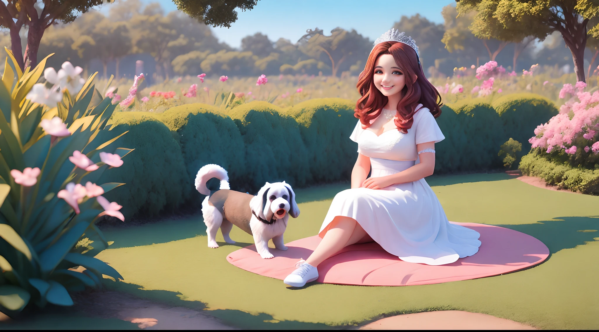 cenario de um parque infantil com baloes, universo disney PIXAR colorido, texturas, mulher de 33 ano, brasileira, cabelo moreno claro comprido e solto com vestido rosa, usando brincos prata, colar, pulseira e anel. On his left hand he wears a wedding ring. olhos castanho escuro. On the foot white sneakers. Mulher esta abracada com homem loiro, 33 anos, brasileiro, pele clara, pouca barba, sorridente e camisa azul. On her lap is her dog Lhasa Apso, cor creme e sorridente e segurando uma bolinha,