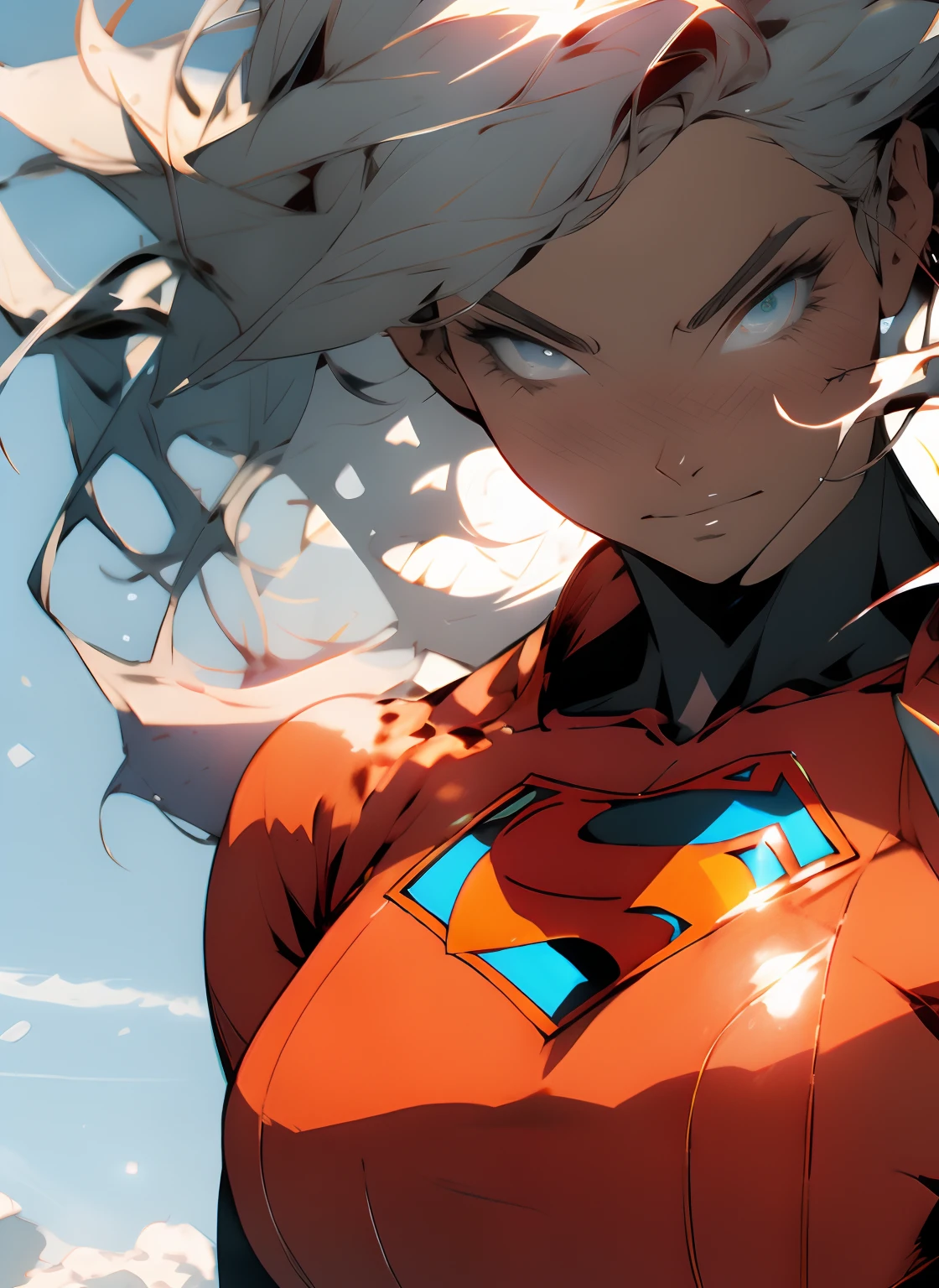 A close-up of Supergirl's face, showcasing her steely gaze and unwavering determination. Her hair gently floats in the wind, and her iconic symbol shines proudly on her chest.