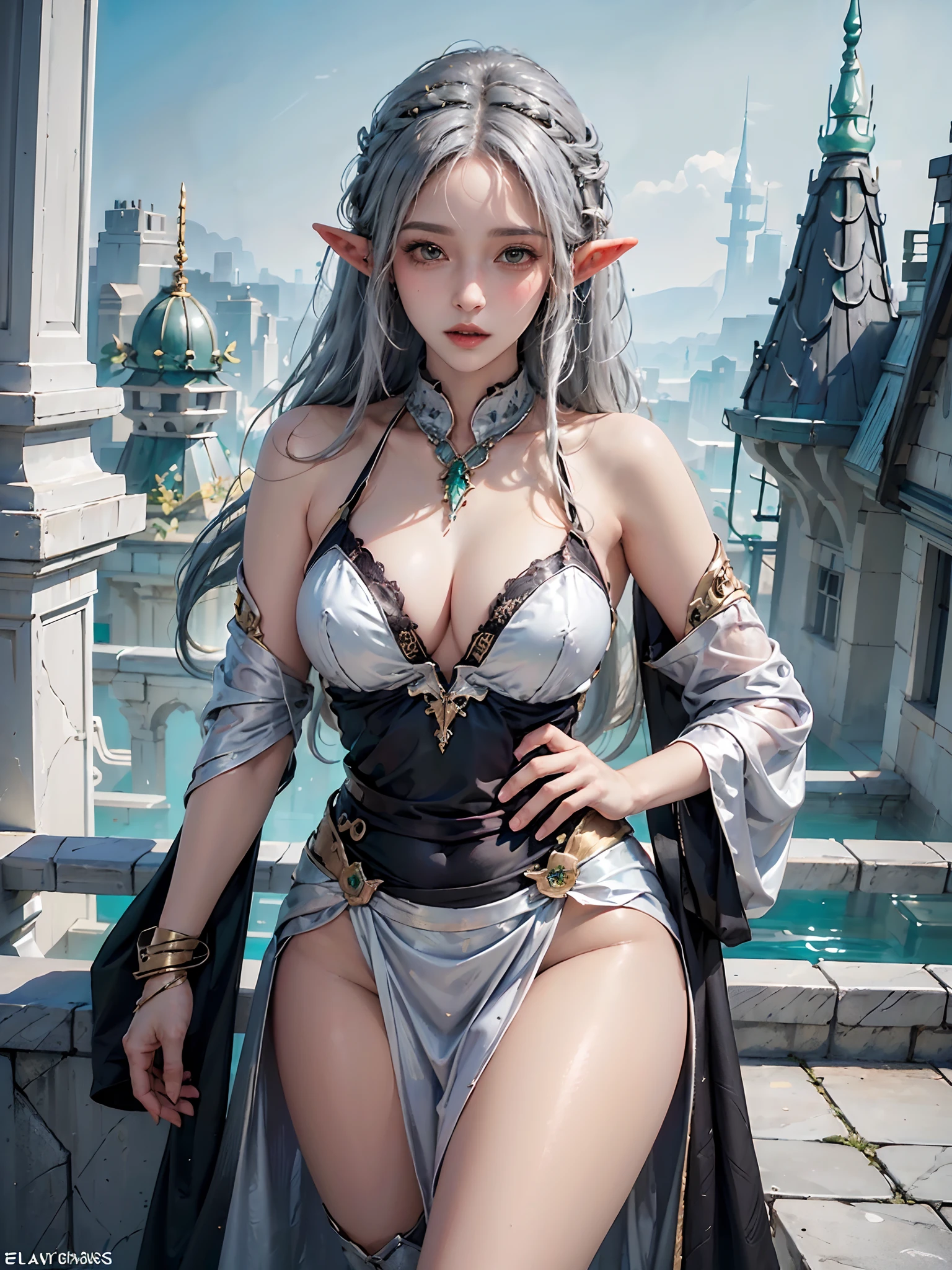 (master part, Superior Quality, best quality, Official Art, Beautiful and Aesthetic:1.2), (1 (((sexy))) Elf girl:1.3), shapeless black hair, sexy white and silver clothes, extremely detailed, (colorful ), Greater detail, ((sexy pose)), (Elven city background:1.5), (traditional dress:1.2), (shiny skin), (many colors:1.4), cowboy shot.