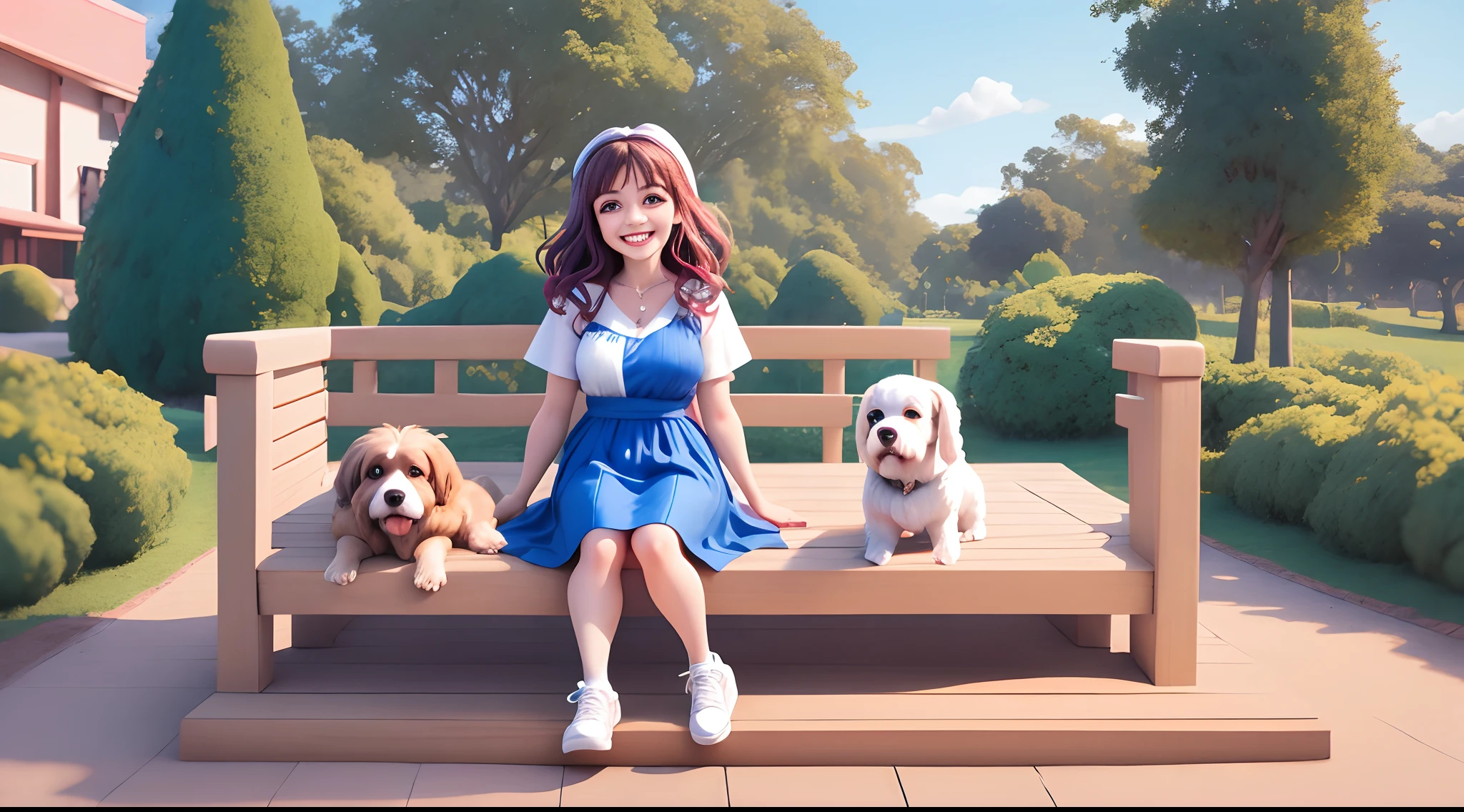 cenario de um parque infantil com baloes, universo disney PIXAR colorido, texturas, mulher de 33 ano, brasileira, cabelo moreno claro comprido e solto com vestido rosa, usando brincos prata, colar, pulseira e anel. On his left hand he wears a wedding ring. olhos castanho escuro. On the foot white sneakers. abracada com homem loiro, 33 anos, brasileiro, pele clara, pouca barba, sorridente e camisa azul. On her lap is her dog Lhasa Apso, cor creme e sorridente e segurando uma bolinha,
