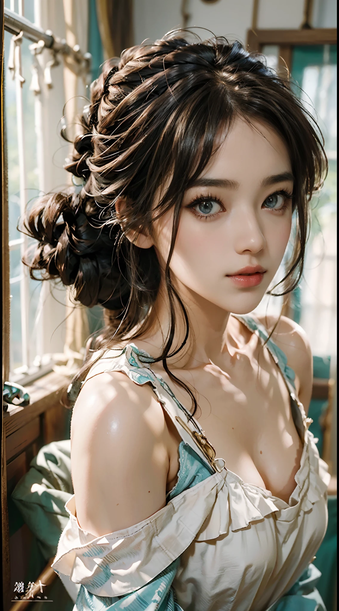 top-quality、masterpiece、超A high resolution、(realistic:1.4)、Raw photo、女の子 1 人、((off shoulders))、lighting like a movie,middlebreasts,Beautiful facial features,Detailed eyes,(Lifelike eyes),Detailed beautiful hair,ssmile,Sexy Beauty,Sexy hair,((Semi-long chignon hair))