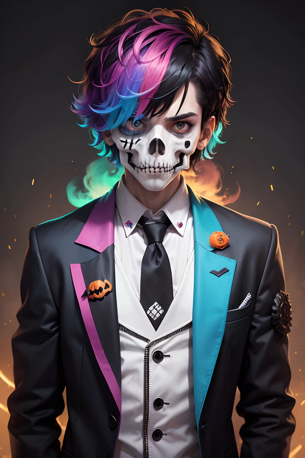 boy with skeleton face, halloween style, with tied messy attractive fadecut hair, rainbow curly hair, rainbow style jacket, looking sharp smart, cool bomb explosion background