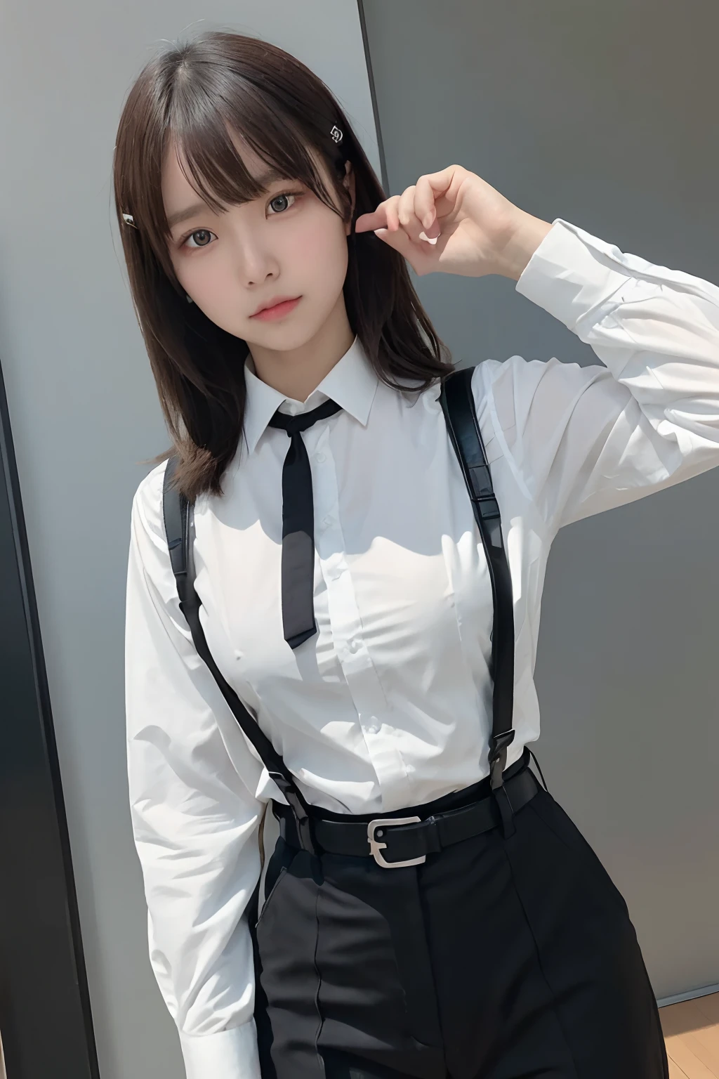 ​masterpiece、flat-colors、depth of fields、lens flare 1 girl、、Brown hair、watching at viewers　　　　a belt　black suspenders　Social OL　　　huge-breasted　　　 　 Armpit sweat　perspiring　Side of both hands　　walls: Black Suit　Black pants, Black jacket holster　arm　Leg holster　arm　Knife Carrying　arma　Gaze　　No tie　tiarra　No bangs　Small face