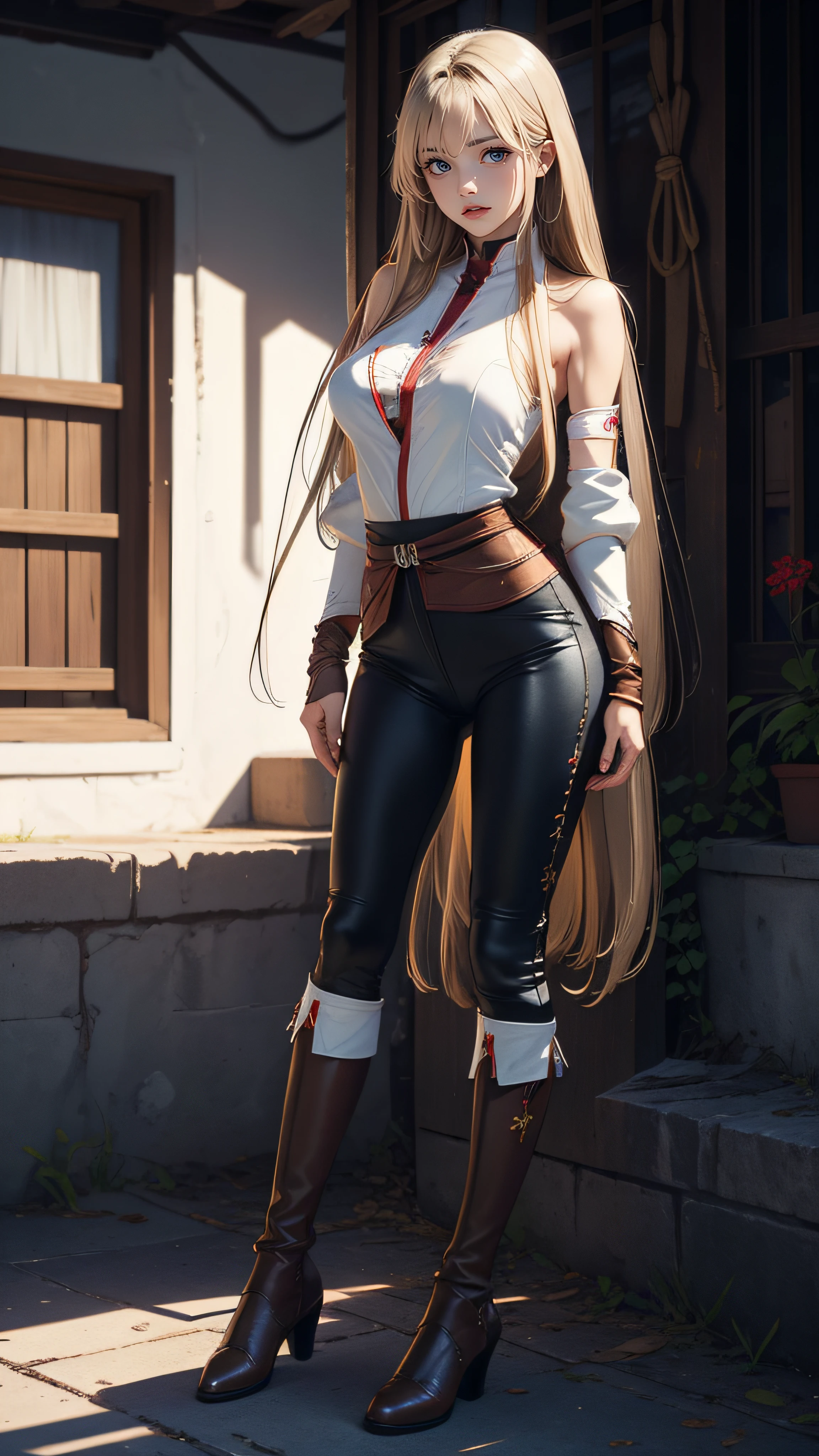 (fighting image:1.2),((1girl:1.5),curvy,petite,beautiful breasts,large breasts,pale skin,(pointy breasts),(erect nipples)),((realistic),8k,ultra hd,high resolution,best quality,masterpiece,(Sense of presence:1.5),(Dynamic:1.5),(bold:1.5)),((long hair),((thin hair:1.8)),(straight hair:1.5),(Swept bangs:1.5),(extra light coppery amber hair),(hair over one eye)),(clothed:1.5),(leather boots,(leather armor),(embroidered miko,see through))