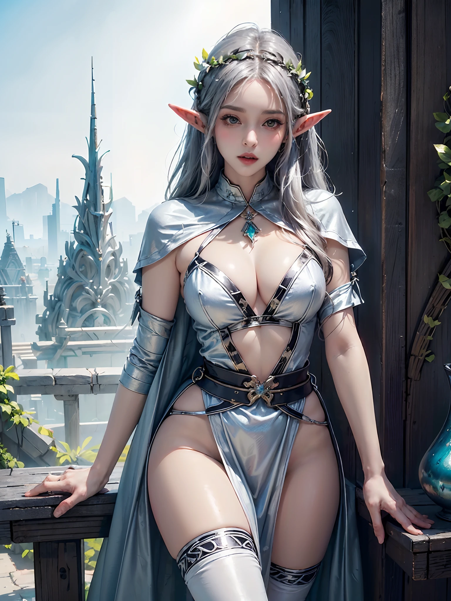 (master part, Superior Quality, best quality, Official Art, Beautiful and Aesthetic:1.2), (1 (((sexy))) Elf girl:1.3), shapeless black hair, sexy white and silver clothes, extremely detailed, (colorful ), Greater detail, ((sexy pose)), (Elven city background:1.5), (traditional dress:1.2), (shiny skin), (many colors:1.4), cowboy shot.