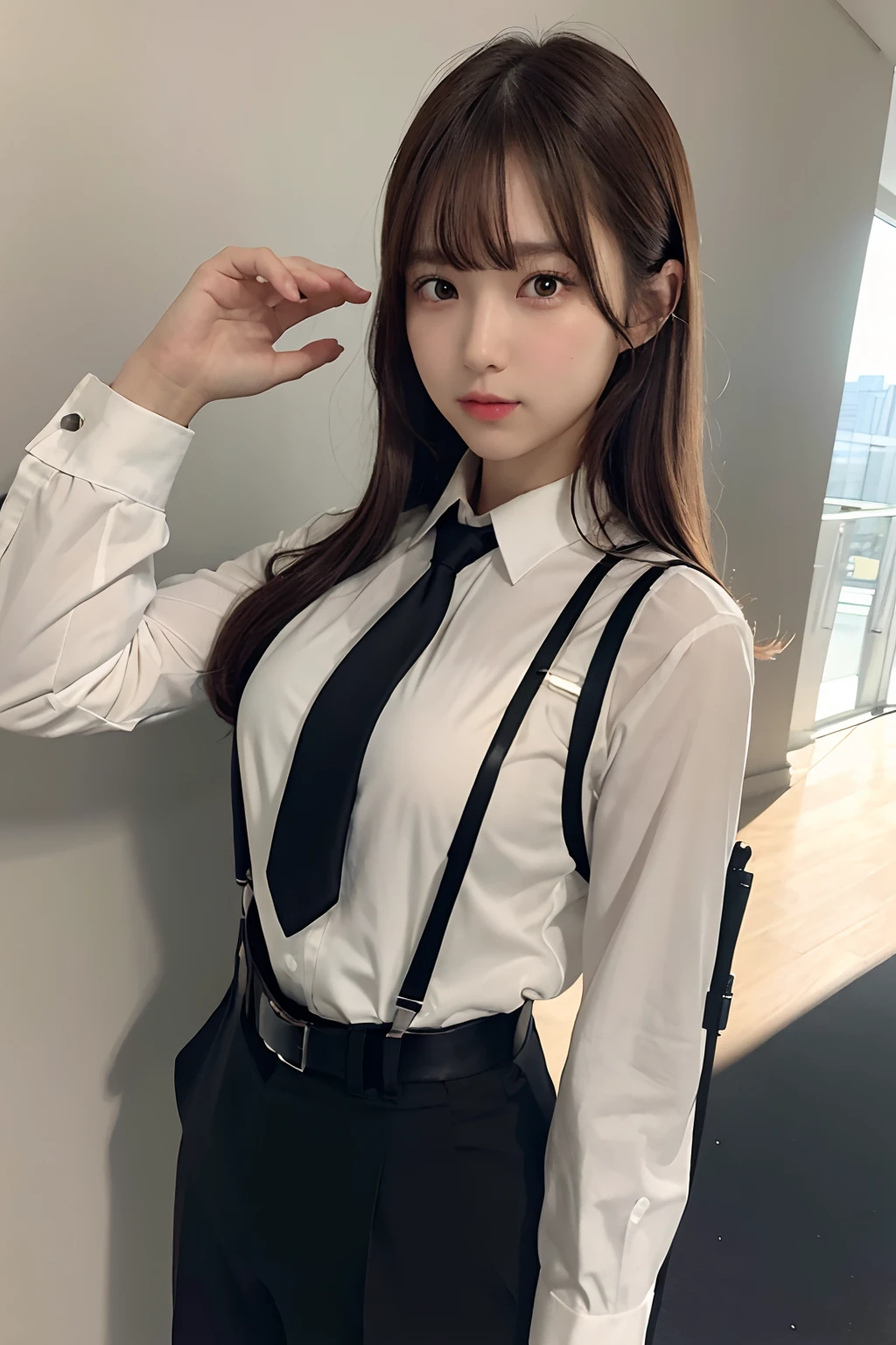 masterpiece、flat-colors、depth of fields、lens flare 1 girl、、Brown hair、watching at viewers a belt black suspenders Social OL huge-breasted Armpit sweat perspiring Side of both hands walls: Black Suit Black pants, Black jacket holster arm Leg holster arm Knife Carrying arma Gaze No tie tiarra No bangs Small face