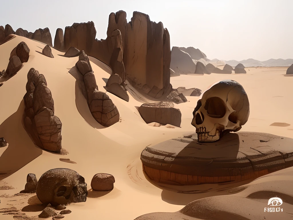 Draw with a marker，A huge skull was buried in the sand