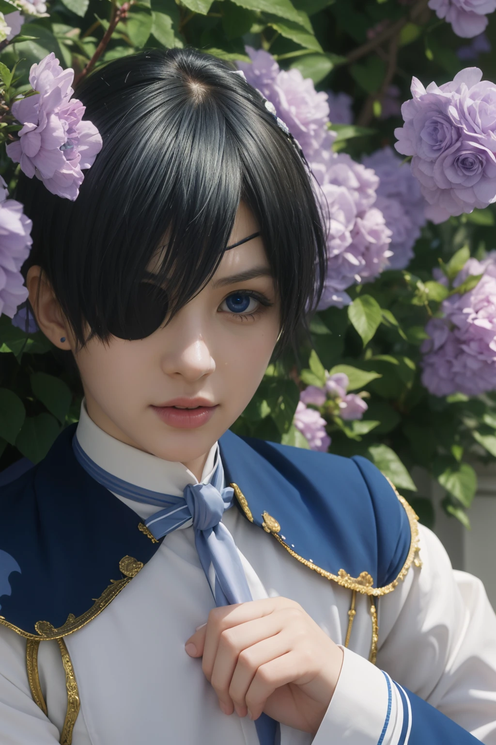 (Best Quality,4k,8k,highres,巨作:1.2),A highly detailed,(Realistic,Realistic Photos,Realistic Photos:1.37),portrait,anime,Phantomhive Sky,boy,10 years old,,dark hair,Intense look,pale skin,Royal Uniform,Classic Victorian style,Stylish clothes,Precision stitching,Feather has,Golden accents,deep blue eyes,Purple eye patch,Detailed lashes,exquisite facial features,serious expression,Confident position,Stand in majestic, Bright garden with flowers,Pruned hedges,Decorative stone statues,Elaborate fountain,Blooming roses,Soft natural light,Dramatic shades,Invisible lens glow,vibrant colours,Rich color scheme,Royal Purple,Royal Blue,Delicate pastel tones,Gentle sunlight flows through the leaves. Ten-year-old boy wearing boyish clothes with short hair