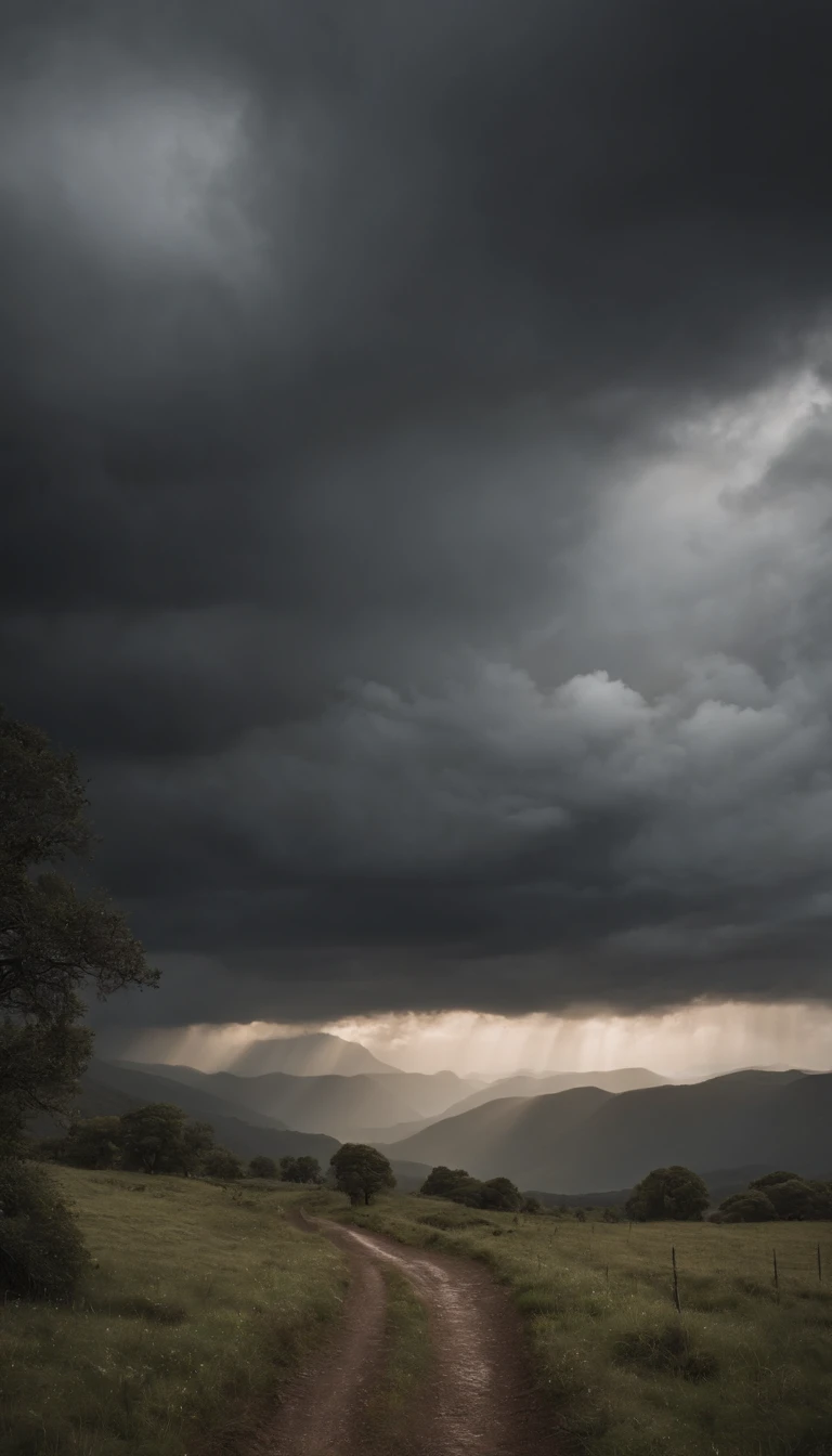 Realistic, personality: [Illustrate the opening shot of a dark and ominous sky with heavy clouds covering the horizon. The atmosphere should feel threatening and foreboding, setting the tone for the film. Use hyperrealistic visuals to enhance the sense of darkness and impending danger. The camera should be positioned low to capture the vastness of the sky] unreal engine, hyper rea