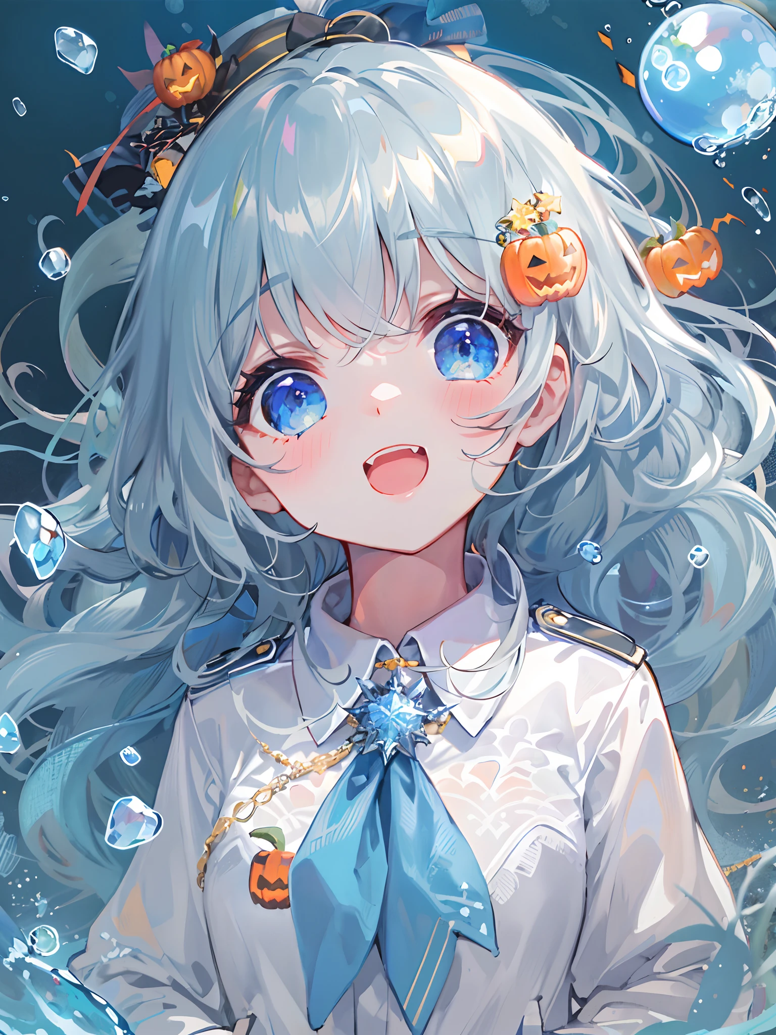 ((top-quality)), ((masterpiece)), ((ultra-detailliert)), (Extremely delicate and beautiful), girl with, 独奏, cold attitude,((Black jacket)),She is very(relax)with the(Settled down)Looks,A dark-haired, depth of fields,Evil smile,Bubble, under the water, Air bubble,bright light blue eyes,inner color with bright gray hair and light blue tips,,,,,,,,,,,,,,,,,,,,Cold background,Bob Hair - Linear Art, shortpants、knee high socks、White uniform like school uniform、Light blue ribbon ties、Clothes are sheer、Hands in pockets、Bright eyes like sapphire,Fronllesse Blue, A small blue light was floating、Upper Eyes、glass shards、Snowflake Hair Ornament, Halloween, Orange pumpkin、Jack-o'-lantern、Orange and light blue odd eye、Vampire costume、tusk、