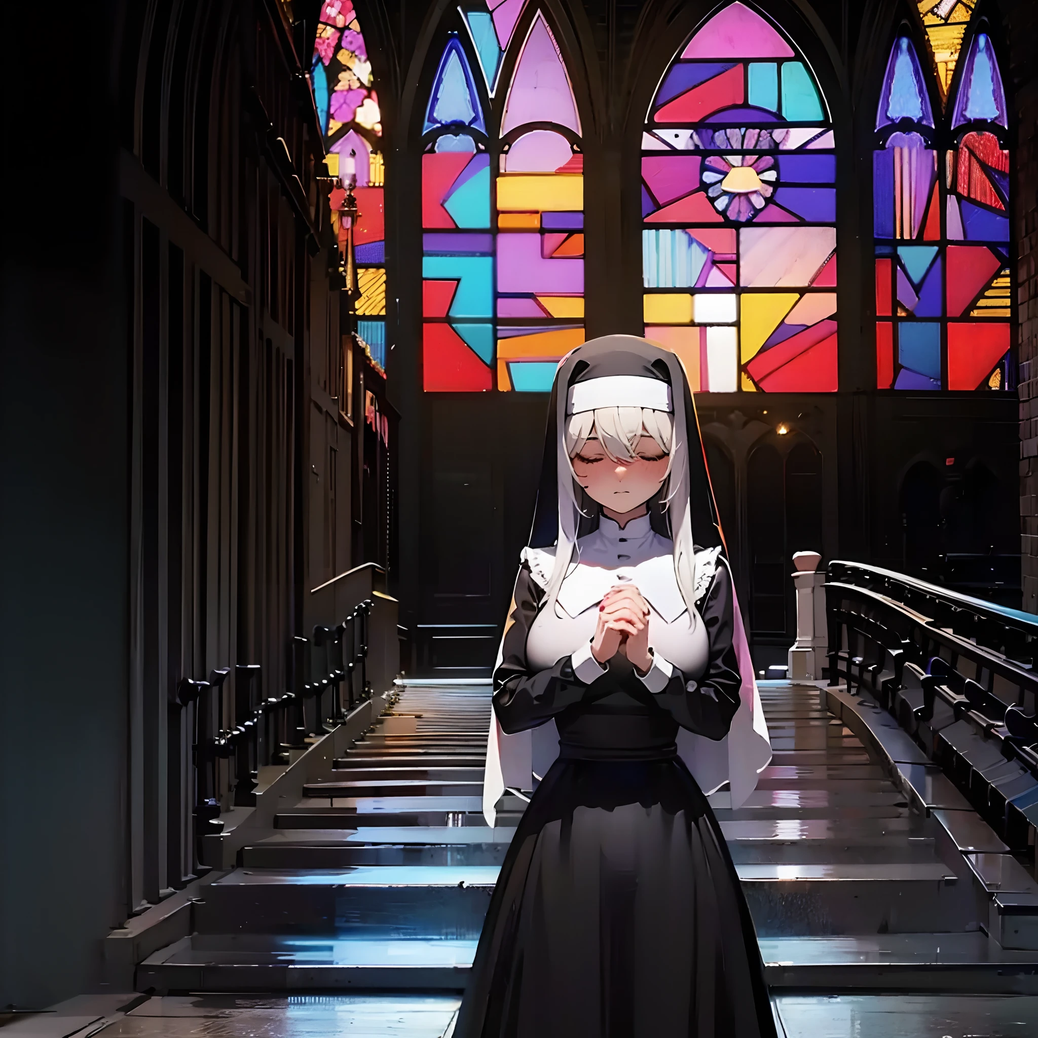 (masterpiece, best quality, ultra high resolution, ultra-detailed, detailed background:1.45), BREAK, (solo thin pretty nun praying:1.3), (black sheer long robe, sheer long skirt:1.3), white hair, BREAK, (large breast, thin waist, thin long legs:1.2), BREAK, (close eyes), (nose blush), BREAK, stained glass, BREAK, (nsfw:0.2), (orgasm:0.8)