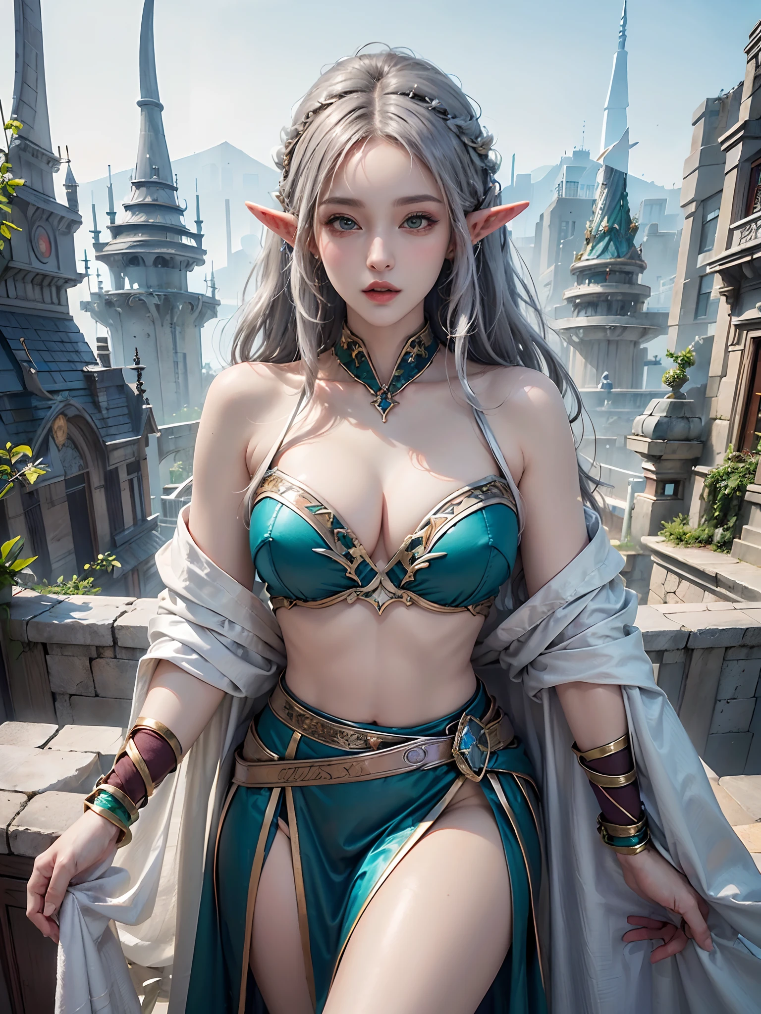 (master part, Superior Quality, best quality, Official Art, Beautiful and Aesthetic:1.2), (1 (((sexy))) Elf girl:1.3), shapeless red hair, sexy white and silver clothes, extremely detailed, (colorful ), Greater detail, ((sexy pose)), (Elven city background:1.5), (traditional dress:1.2), (shiny skin), (many colors:1.4), cowboy shot.
