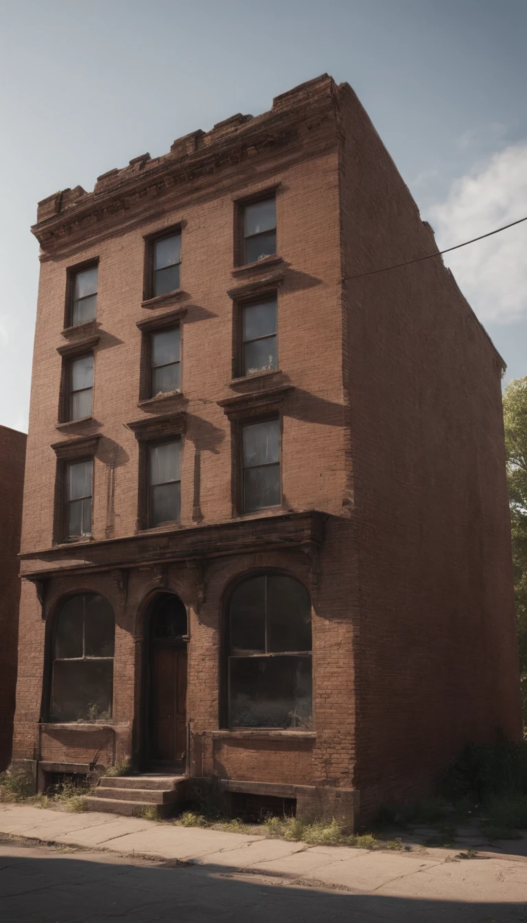 Realistic, personality: [Show the exterior of a run-down brick building in a nondescript urban neighborhood at dawn. The building appears dilapidated and abandoned. The sky above is still dark, with the first rays of sunlight barely breaking through the clouds. Use hyperrealistic visuals to highlight the worn-out textures of the building, giving it a sense of history and mystery] unreal engine, hyper realistic