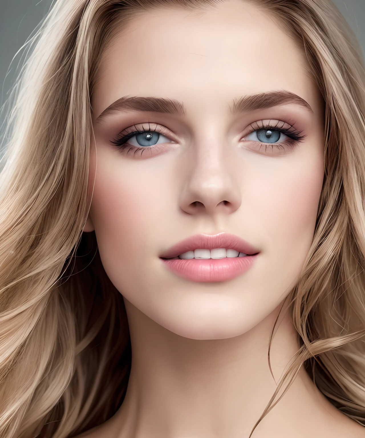 fashion model 25 years old, [[[[closeup]]]], [[[[chest]]]], [[[[neck]]]], [[[[shoulders]]]], perfect eyes, perfect iris, perfect lips, perfect teeth, perfect skin, soft front light, glow, HDR, (muted colors:1.2)