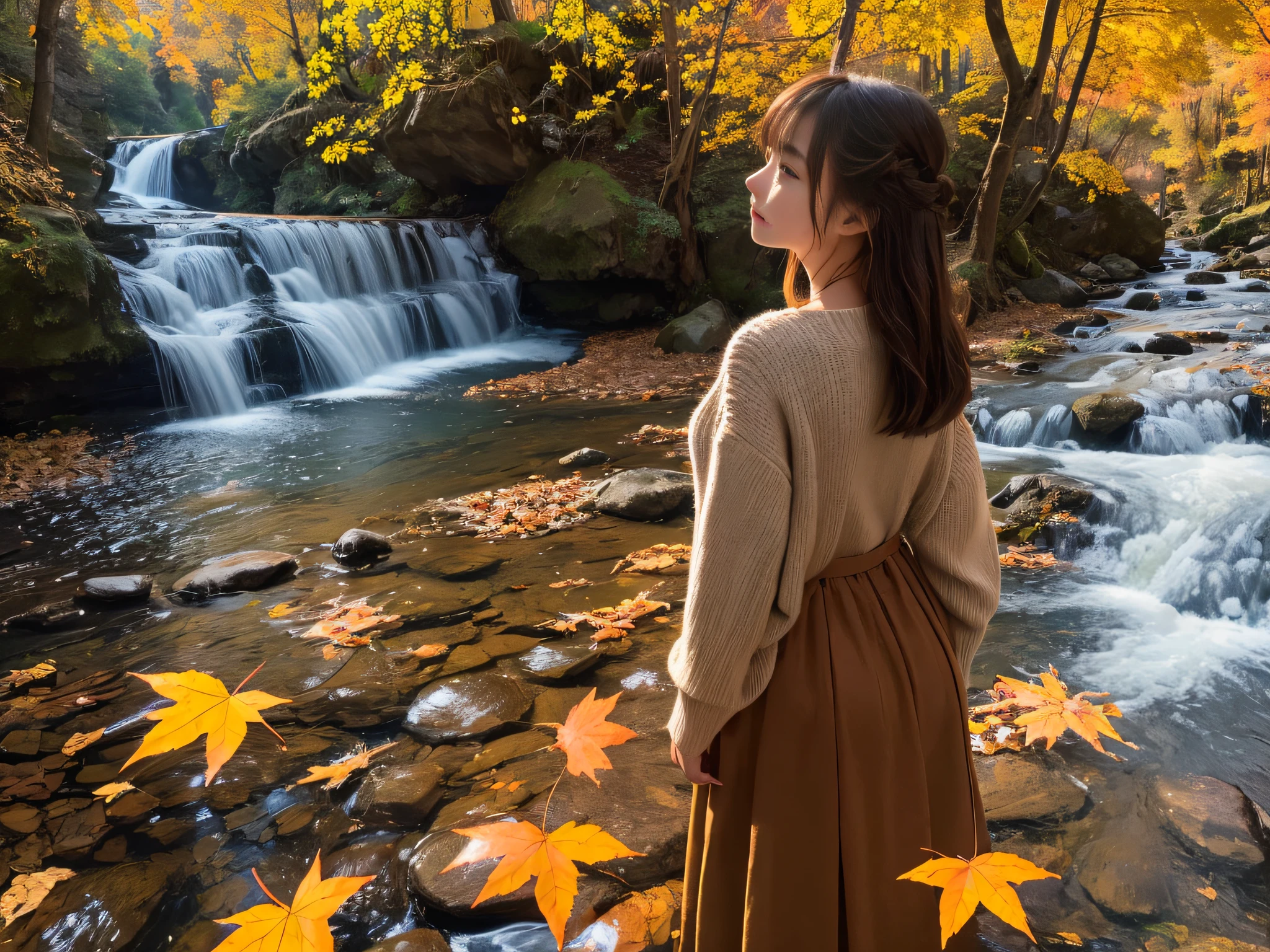 超A high resolution、An ultra-high picture quality、8K、Detailed details、marvelous expression、Late autumn valley、Beautiful autumn leaves、Violently flowing mountain stream、tiny waterfall、Girl standing with her back to her back
