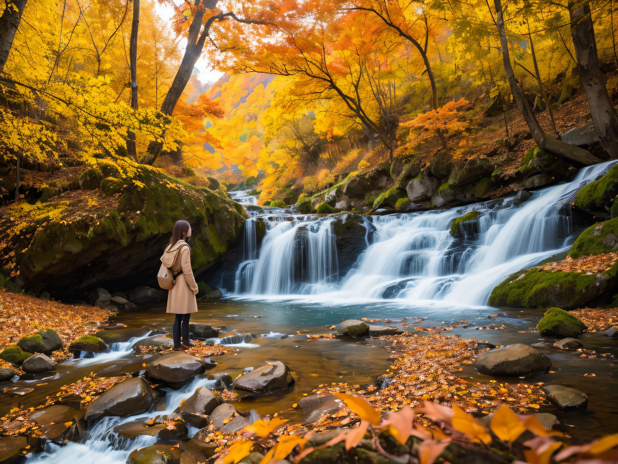 超A high resolution、An ultra-high picture quality、8K、Detailed details、marvelous expression、Late autumn valley、Beautiful autumn leaves、Violently flowing mountain stream、tiny waterfall、Girl standing with her back to her back