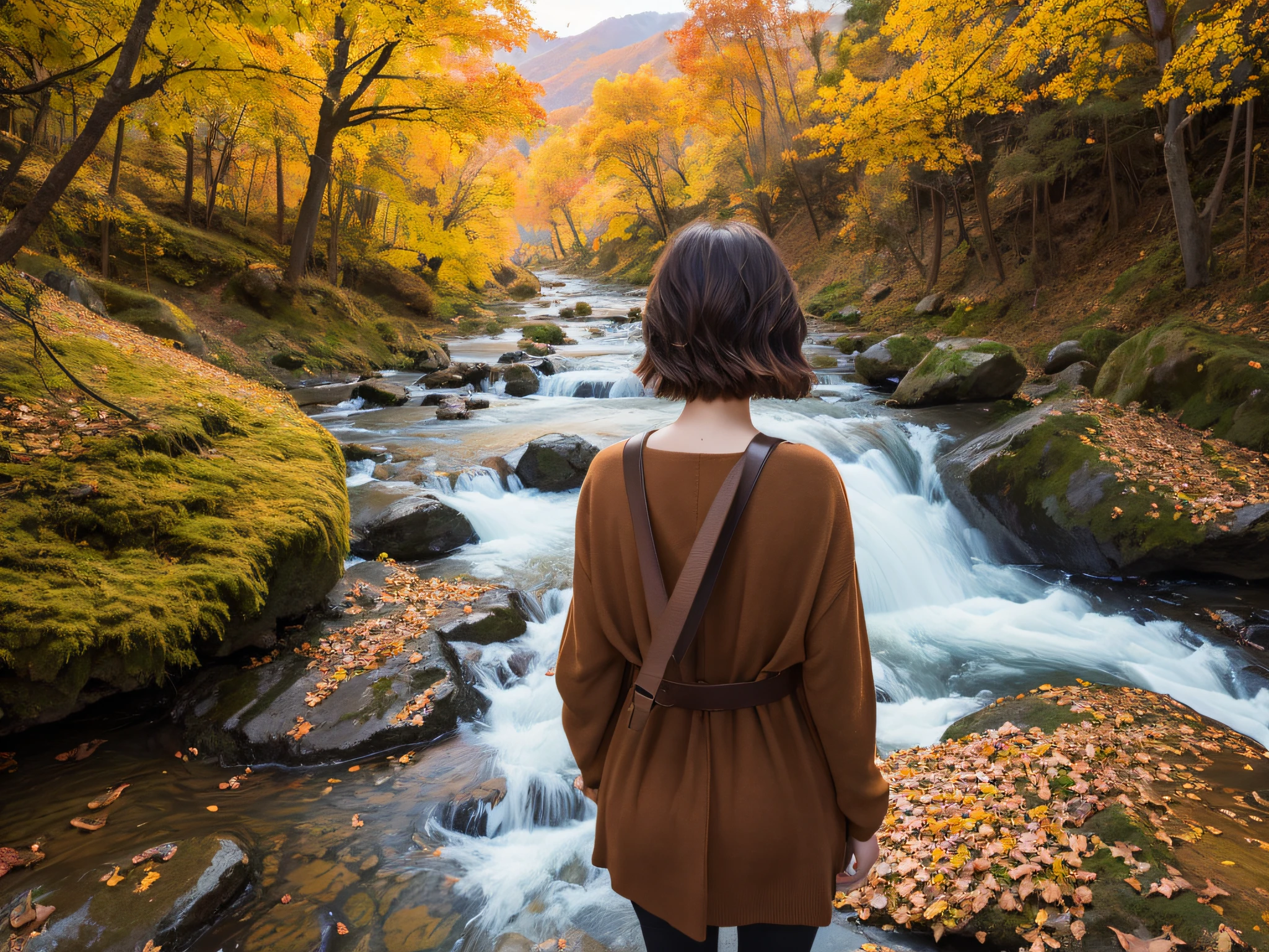 超A high resolution、An ultra-high picture quality、8K、Detailed details、marvelous expression、Late autumn valley、Beautiful autumn leaves、Violently flowing mountain stream、tiny waterfall、Girl standing with her back to her back