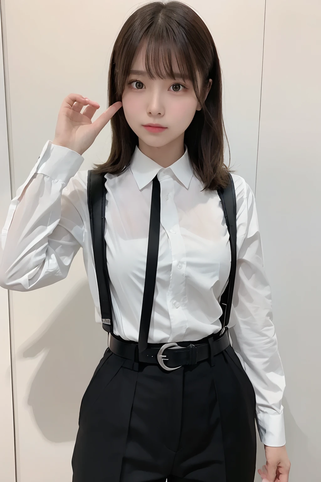 masterpiece、flat-colors、depth of fields、lens flare 1 girl、、Brown hair、watching at viewers a belt black suspenders Social OL huge-breasted Armpit sweat perspiring Side of both hands walls: Black Suit Black pants, Black jacket holster arm Leg holster arm Knife Carrying arma Gaze No tie tiarra No bangs Small face