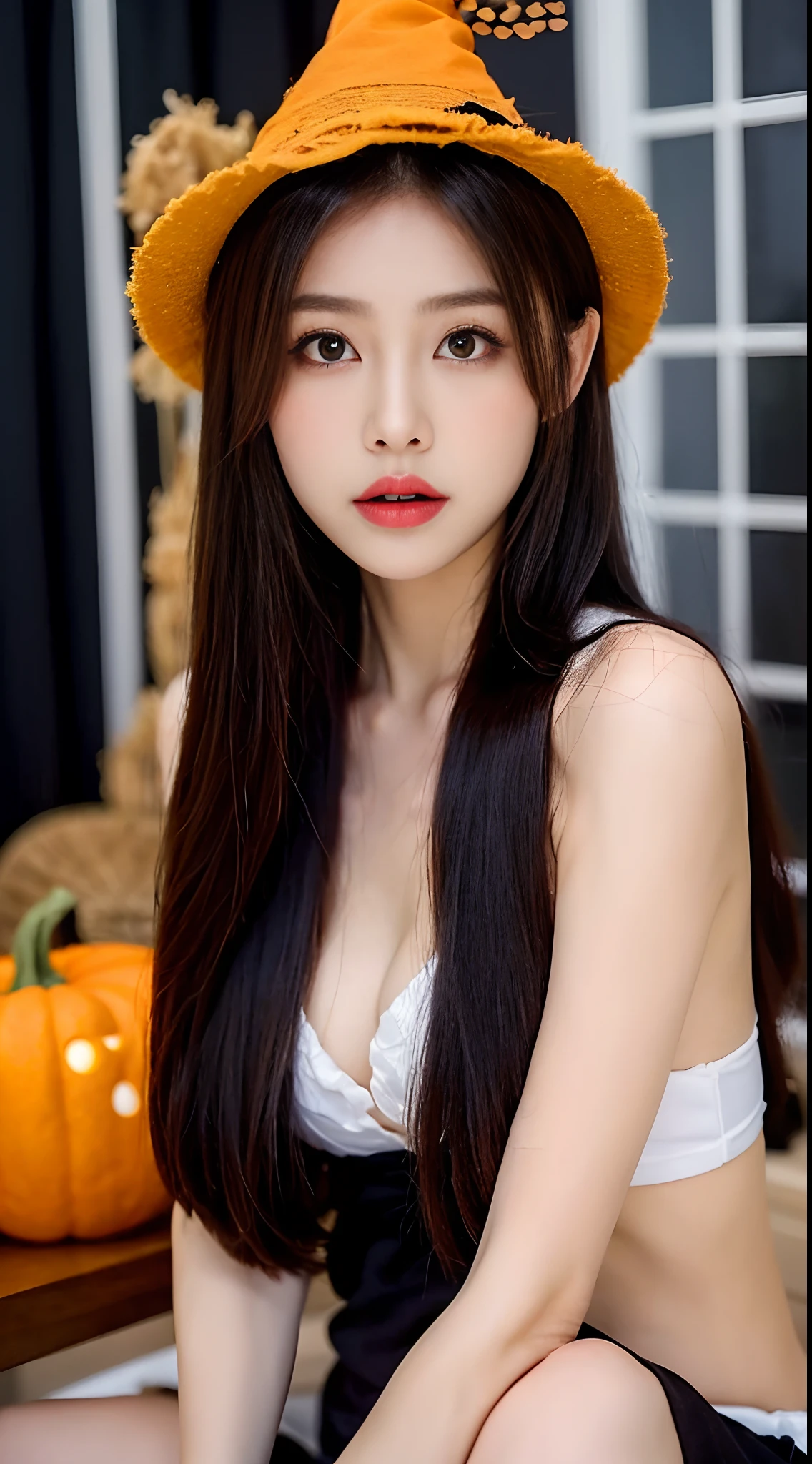 Halloween scene of pumpkins and witches flying over a cemetery, halloween celebration, halloween scene, halloween night, halloween atmosphere, spooky halloween night, halloween art style, halloween theme, scarry but bewitching, spooky halloween fun, witch fairytale,20yr old [[[[closeup cleavage]]]], [[[[boobgasm]]]], [[[[coll]]]], [[[[bshoulders]]]], perfect  eyes, Perfect iris，Perfect lips，perfect teeth，Perfect skin，Soft front light，Delicate face，Long face，slender nose，Raised sexy，熟妇，Mature in a witch's hat，Mysterious and eerie giggles，A castle in the shadows，dim murky lights，((the night))，pumpkins，the bats，4K Ultra HD, 超高分辨率, (Photorealistic: 1.4), Best quality，Masterpiece，（pastel colour：1.2）