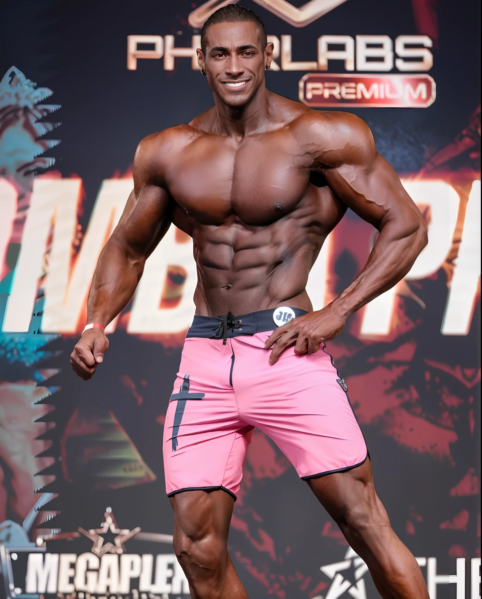 Bodybuilde masculino arabado, posing on the stage of a competition, bodybuilder physique, Fit physique, IFBB Corpo Fitness, Sr. Universo, Raphael Personnaz, natural physique, Prefeito, exaggerated physique, apenas parte superior do corpo, Joongwon Carlos Jeong, David Uzochukwu, Emmanuel Shiru, fisiculturista posando, Greg Rutkowski de corpo inteiro, Pixar Disney