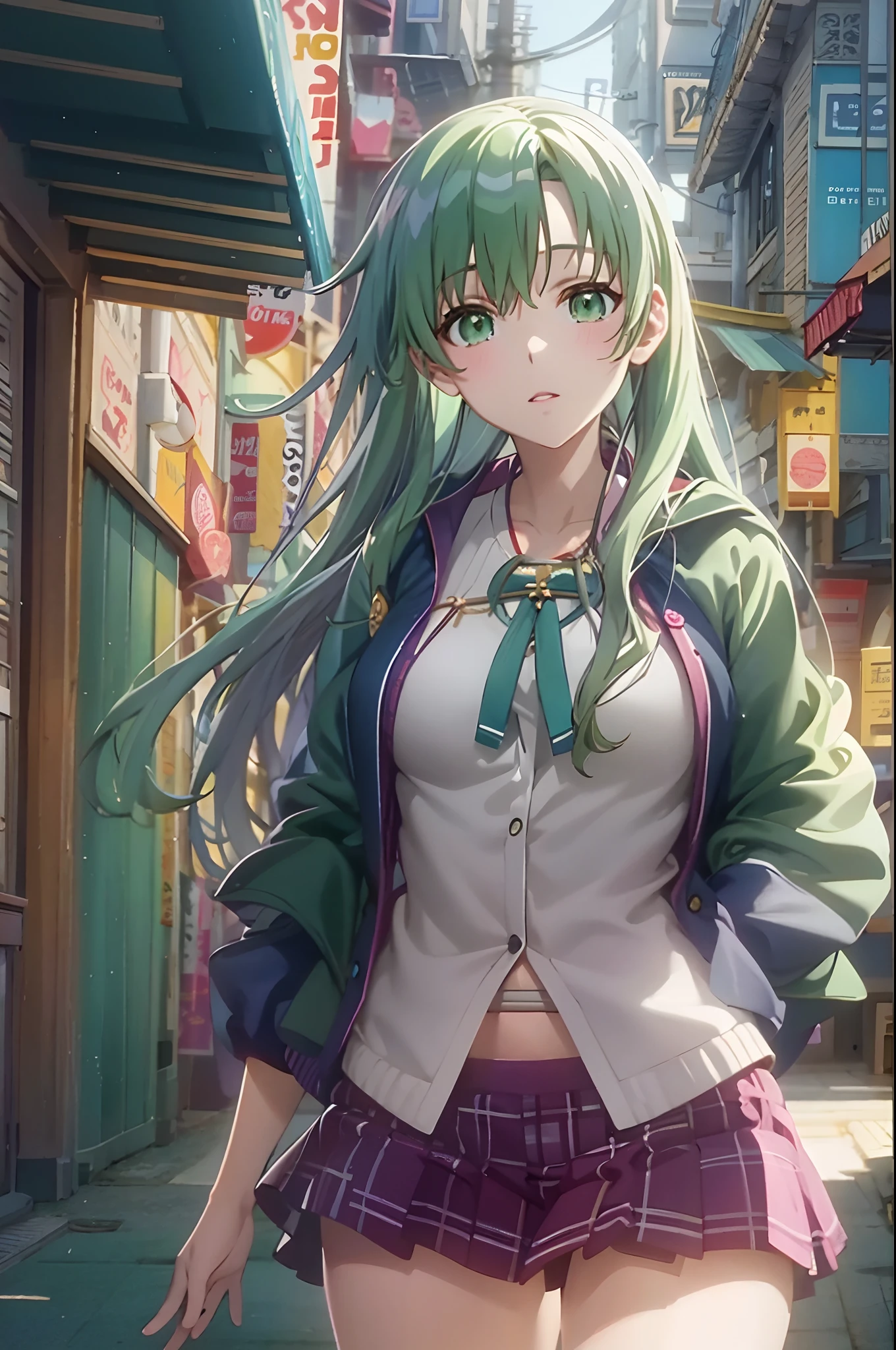 (Best quality,4K,8K,A high resolution,Masterpiece:1.2),Ultra-detailed,(Realistic,Photorealistic,photo-realistic:1.37),Anime girl posing in bikini on the street, seductive anime girls, Cute girl with anime visuals, Petite and elegant Lori, Smooth anime CG art, Top anime girls, Long haired green hair anime girl, Beautiful and seductive anime teenager, attractive anime girls, style of anime, Anime goddess, anime visual of a young woman, Anime art style from Pixiv, , Vibrant colors, Dynamic lighting