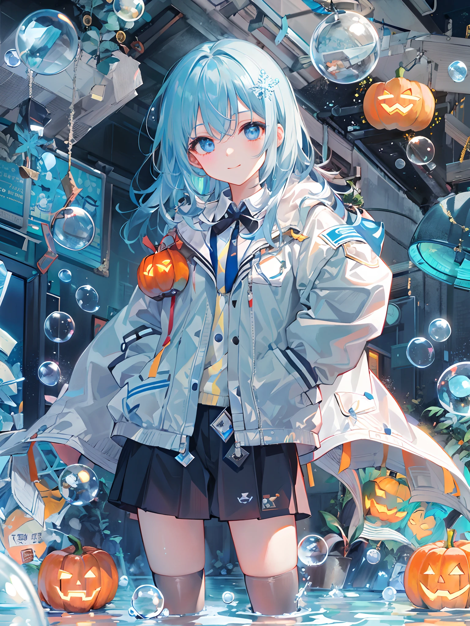 ((top-quality)), ((​masterpiece)), ((ultra-detailliert)), (Extremely delicate and beautiful), girl with, 独奏, cold attitude,((Black jacket)),She is very(relax)with  the(Settled down)Looks,A dark-haired, depth of fields,Evil smile,Bubble, under the water, Air bubble,bright light blue eyes,inner color with bright gray hair and light blue tips,,,,,,,,,,,,,,,,,,,,,Cold background,Bob Hair - Linear Art, shortpants、knee high socks、White uniform like school uniform、Light blue ribbon ties、Clothes are sheer、Hands in pockets、Bright eyes like sapphire,Fronllesse Blue, A small blue light was floating、Upper Eyes、glass shards、Snowflake Hair Ornament, Halloween, Orange pumpkin、Jack-o'-lantern、Orange and light blue odd eye、Vampire costume、tusk、