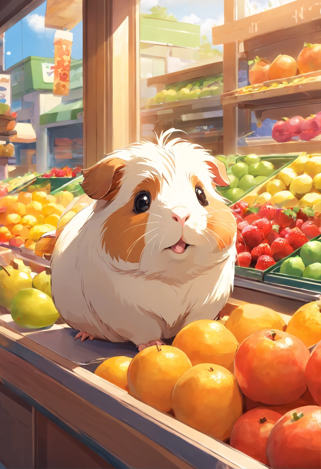 Cute guinea pig with round eyes , At the fruit shop , Daylight outside the window.