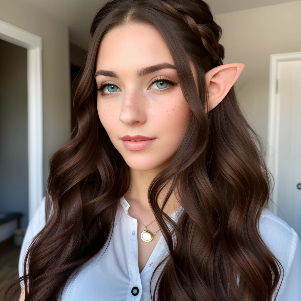 Female elf long wavy brown hair black eyes freckles