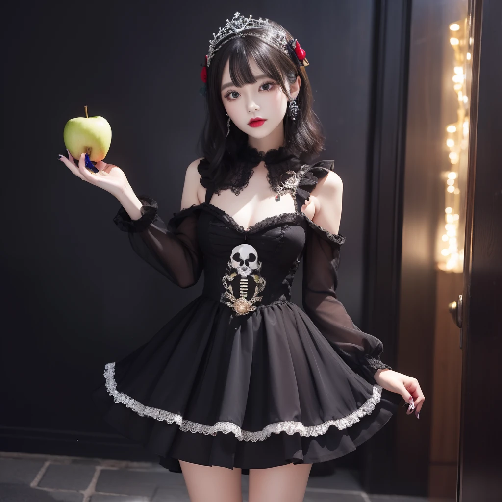 Idol in mini dress covered with skull and skeleton、Looks fun、full body Esbian、、Skeleton Print Mini Dress、bob cuts、Put an apple in the skull、dark fairytale、Princess Snow White Dress、Skull Diadem