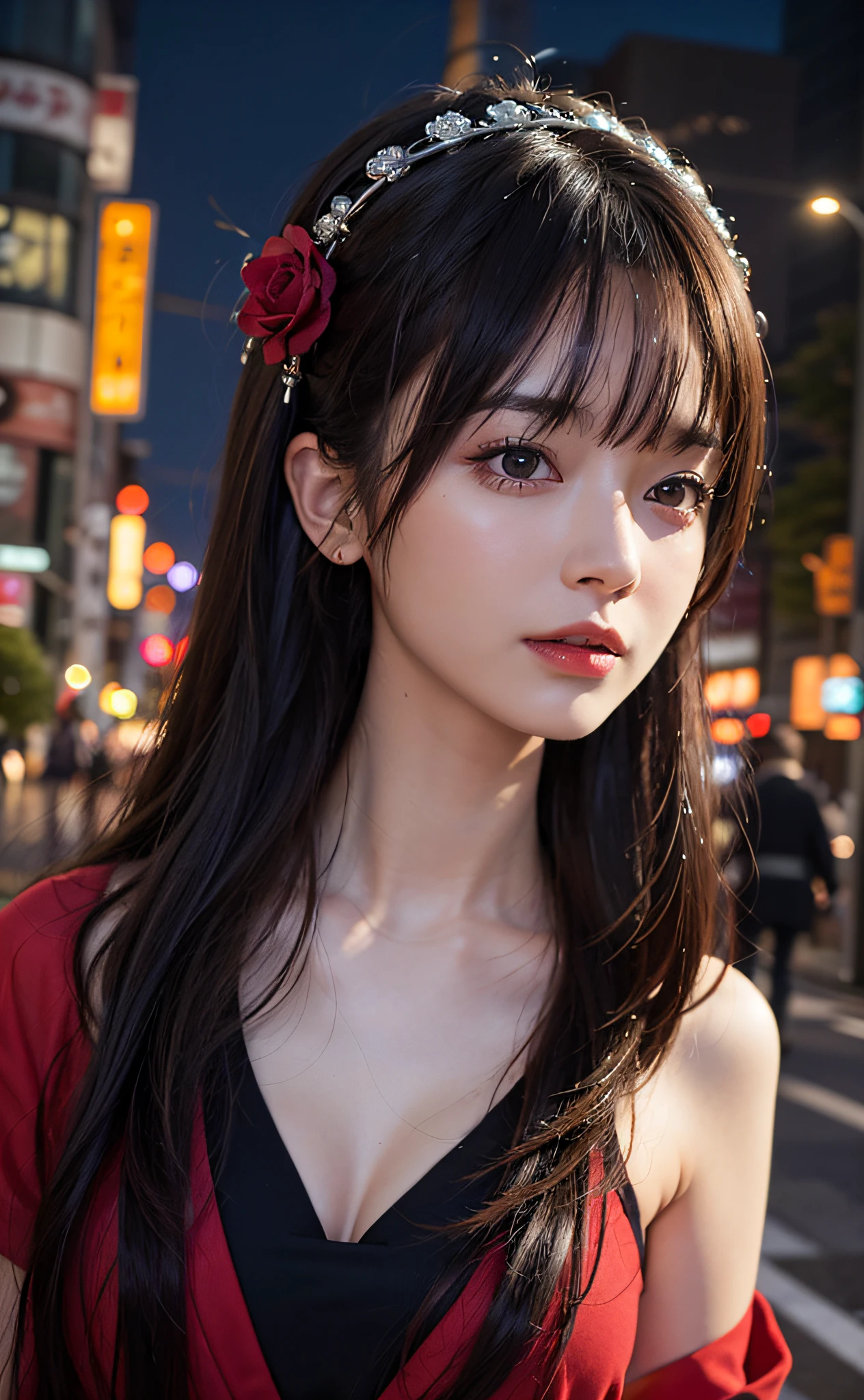1girl, Tokyo street,night, cityscape,city lights, upper body,close-up, 8k, RAW photo, best quality, masterpiece,realistic, photo-realistic,headgear of red rose, parted bangs, long hair,