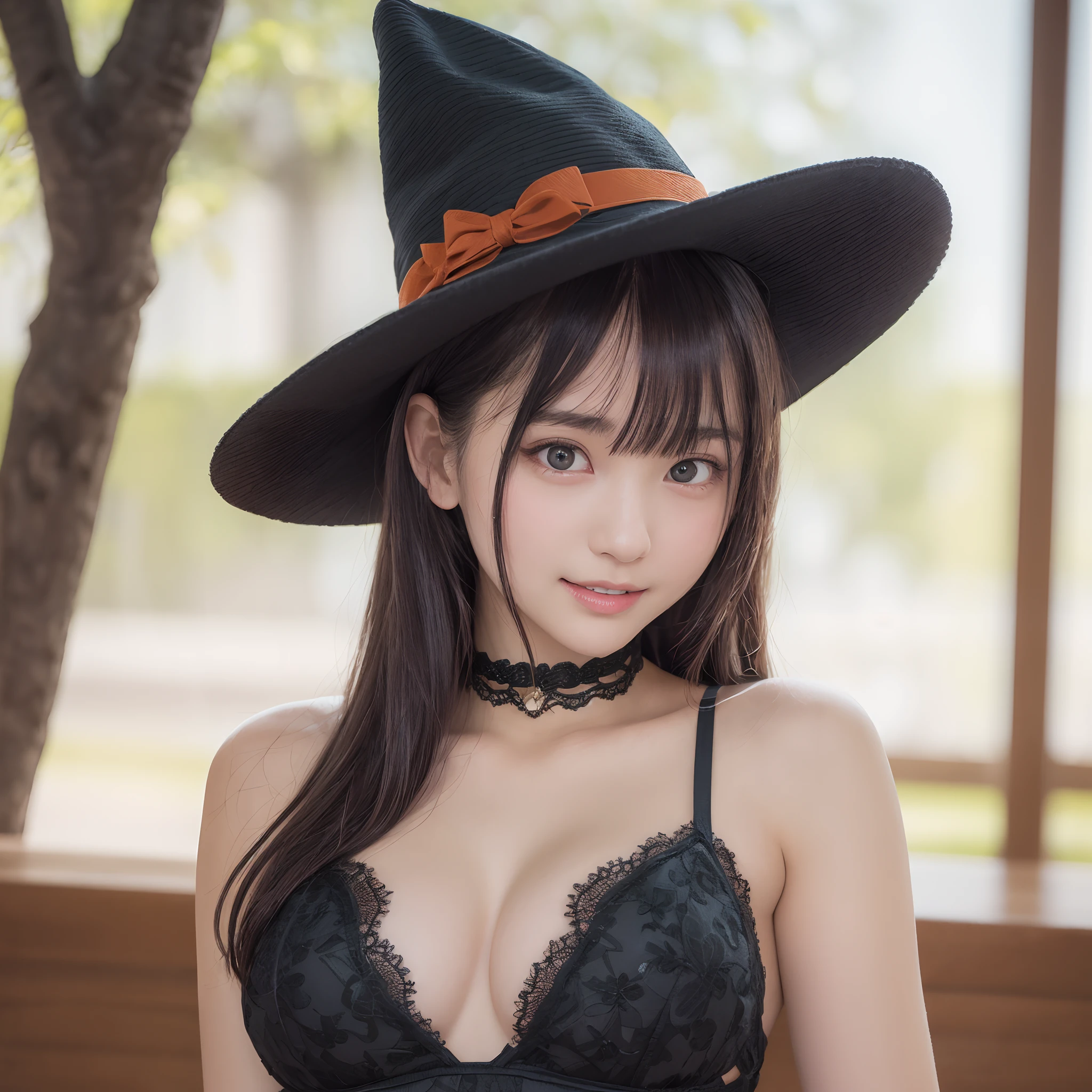 masutepiece, Best Quality, (Low Angle Full Body Shot:1.3), Ultra Wide Shot、FULL BODYSHOT、Right-leaning composition、8K, Textured skin、The ultra -The high-definition、Detailed eye description、 student, Raw photo, Night, neons,a short bob、a black choker、Black Lace Super Mini Dress、Cat's tail、see -through、Girl in Halloween costume、Wizard Hat、dance、Pumpkin World、Sorcerer、Idol face, violaceaess, gardeniass, Delicate girl,Digital SLR,embarrassed from, Show your teeth and smile, Thin arms, (Bokeh:1.1)