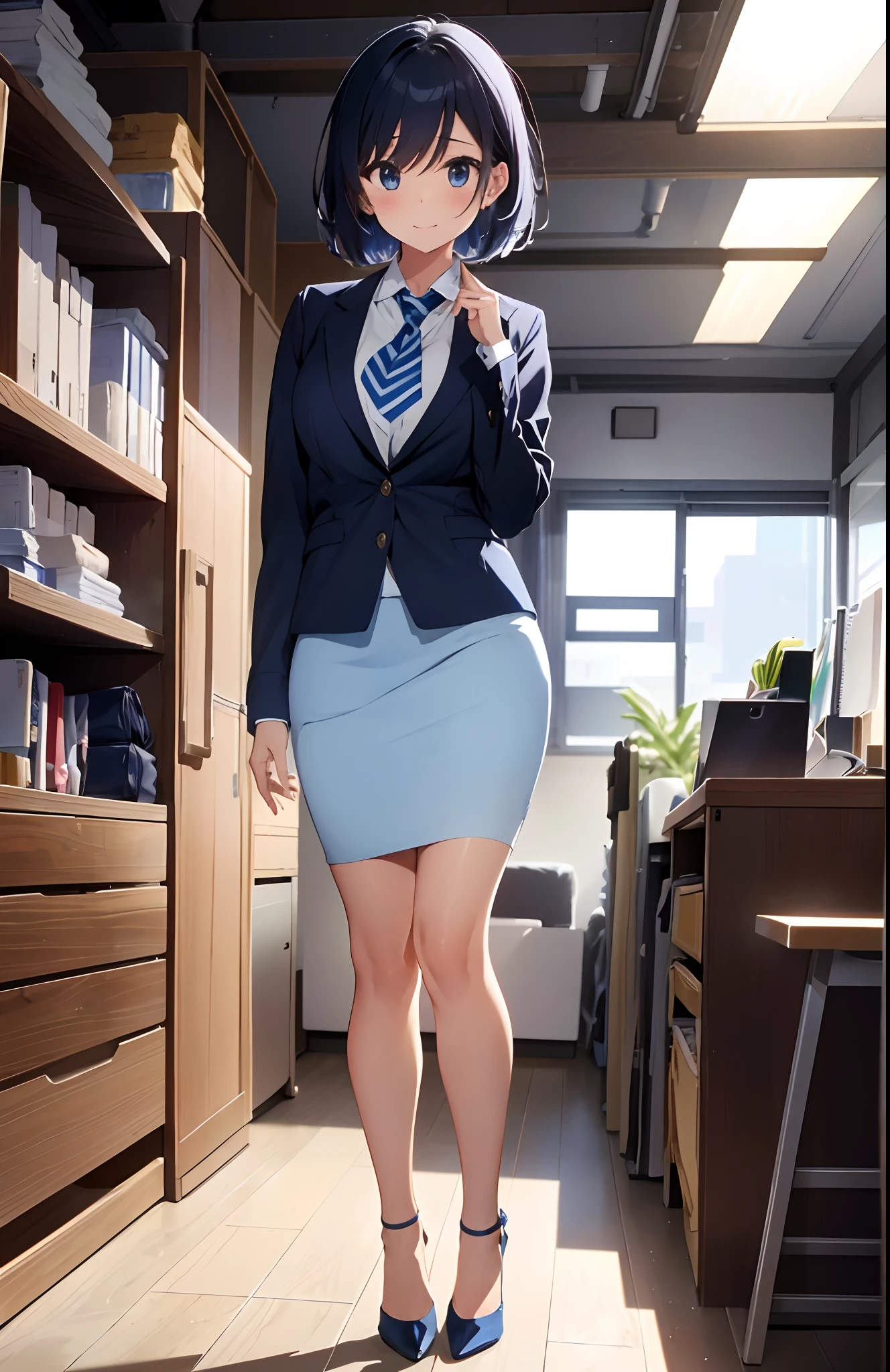 ((s Office、In the company、office building、Office、Beauty Secretary)), unparalleled masterpiece ever, Perfect Artwork, ((Perfect female figure)), maturefemale, Narrow waist, Looking at Viewer, Kamimei、Dynamic poses、enchanting posture, clean, Beautiful face, Pure face, Shiny skin, Delicate pattern, 1girl in, Navy blue jacket、greys_hair, up looking_で_viewer, Small_breasts, Shaved_, Light blue_ascot, Light blue_Rose, Short_hair, Shoulder_armor, Smile, Solo, ((Navy blue pencil skirt、high-heels、full body Esbian))