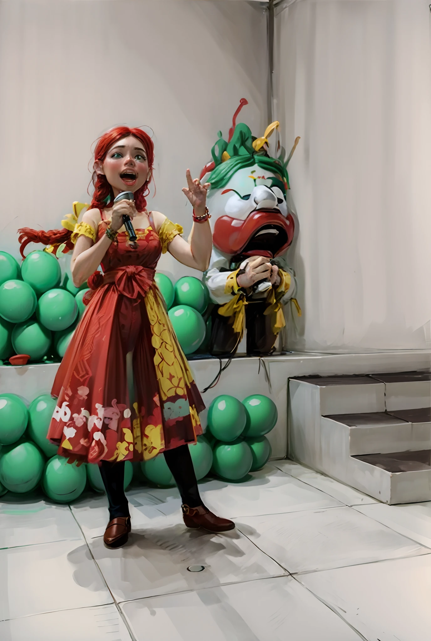 Woman in a red dress holding a microphone in front of a bunch of balloons, Apresentando-se no palco, live performance, fazer um discurso, falando de Jesus ❤️ 📖 💕 🎀, 😭 ✨ 💕 🎀, Traje tradicional, abcdefghijklmnopqrstuvwxyz, random artist, Executar, inspirado em Sarper Baran, vocalista