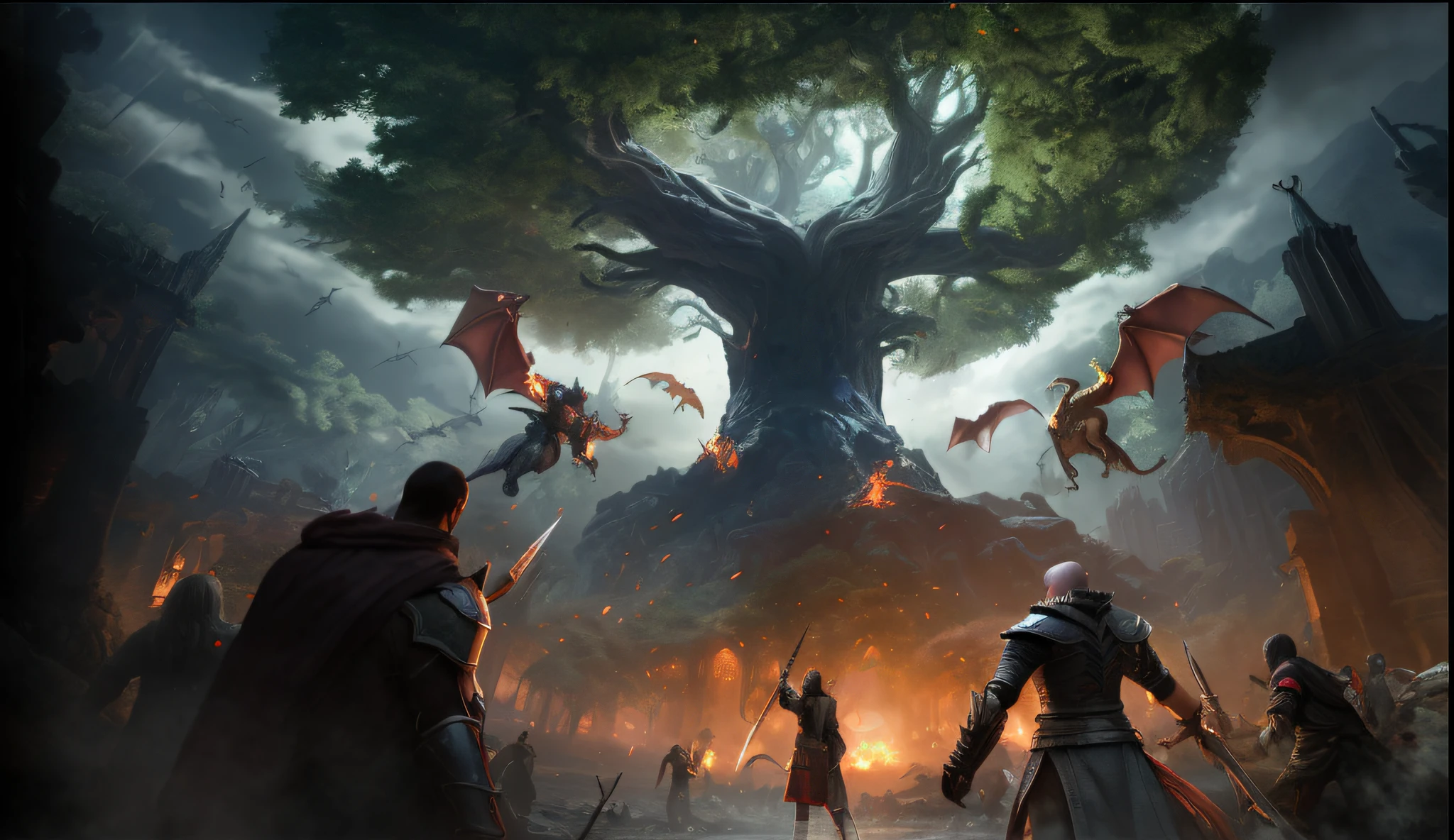 There were a lot of people standing around a tree，Dragons are flying around, medieval fantasy game art, fantasy game art, epic fantasy game art, D & d fantasy digital art, epic rpg artwork, Unreal Engine fantasy art, Dragon Age concept art, Epic fantasy digital art style, Epic Elder Scrolls art, D&d trending on artstation, detailed game art illustration