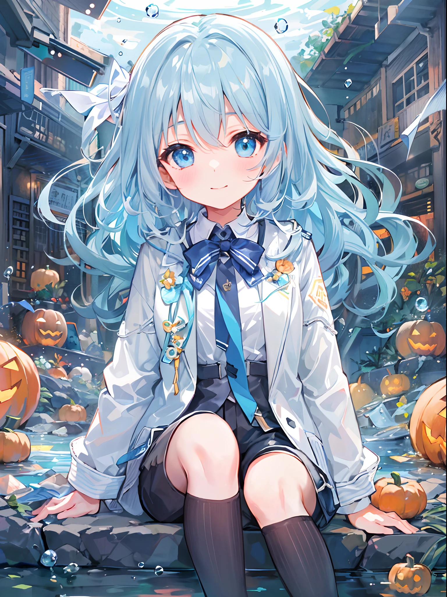 ((top-quality)), ((masterpiece)), ((ultra-detailliert)), (Extremely delicate and beautiful), girl with, 独奏, cold attitude,((Black jacket)),She is very(relax)with the(Settled down)Looks,A dark-haired, depth of fields,Evil smile,Bubble, under the water, Air bubble,bright light blue eyes,inner color with bright gray hair and light blue tips,,,,,,,,,,,,,,Cold background,Bob Hair - Linear Art, shortpants、knee high socks、White uniform like school uniform、Light blue ribbon ties、Clothes are sheer、Hands in pockets、Bright eyes like sapphire,Fronllesse Blue, A small blue light was floating、Upper Eyes、foodie, Halloween、Orange pumpkin、Jack-o'-lantern