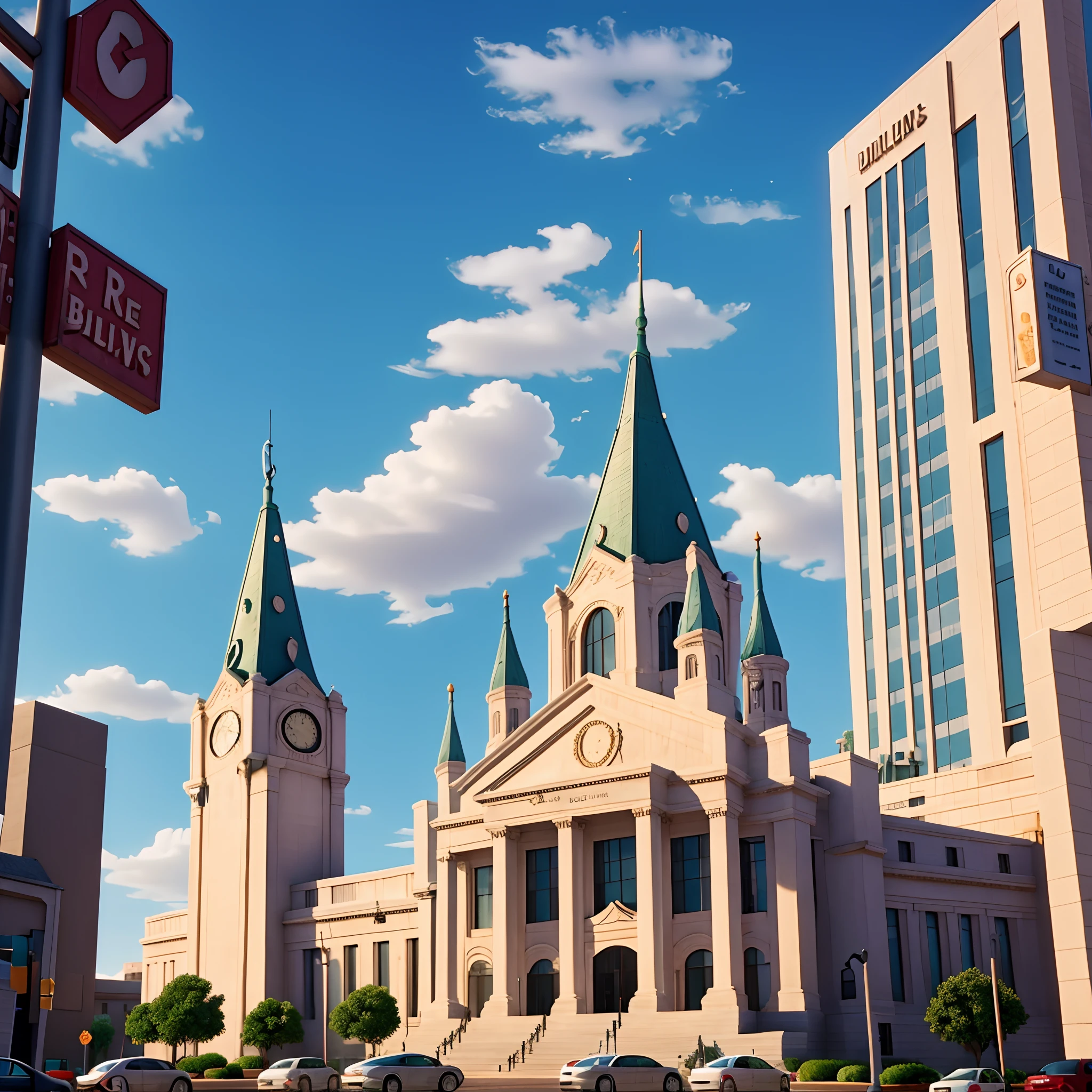 A municipal building with the dollar sign on top