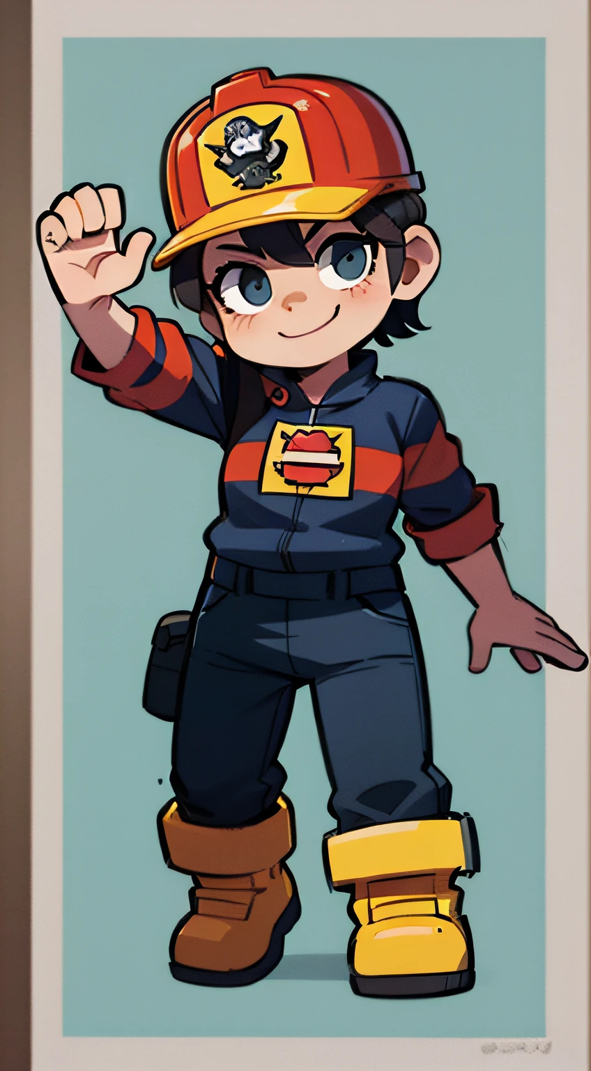 Cartoon firefighter，Wearing a red firefighting suit，Wear a fire safety helmet，Raise a hand，Waving，Behind the gray back, there is a smile，Flat cartoon style， full bodyesbian, Cute detailed digital art, high quality character design, lovely digital painting, High-quality fanart, Cute cartoon character, Fire fighting equipment, adorable digital art, cute big breasts，high detal， character  design,