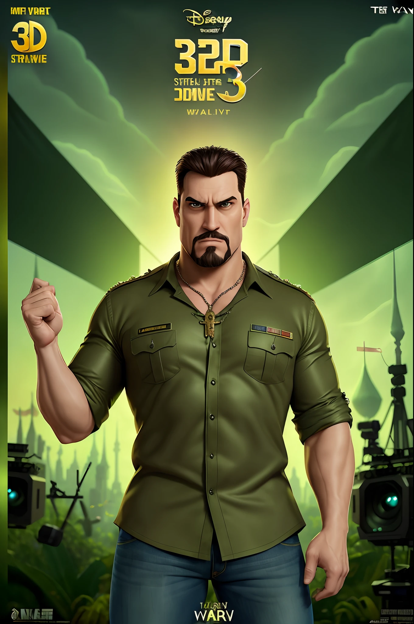 Disney pixar 3d inspired movie poster a strong man with a goatee, square face, wearing an army green blouse, holding a rosary in his hand, making a gesture of strength. the setting is a broadcast studio.