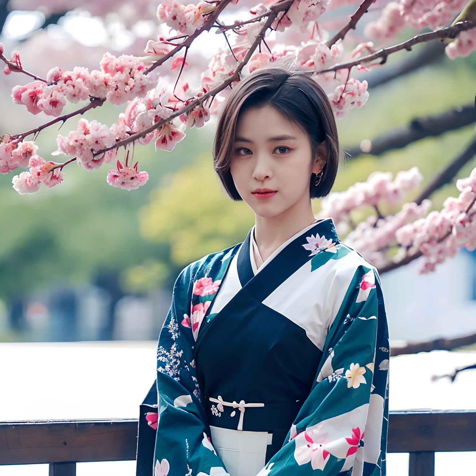 Shin ryujin, kimono dress, short hair, With sakura trees in the background